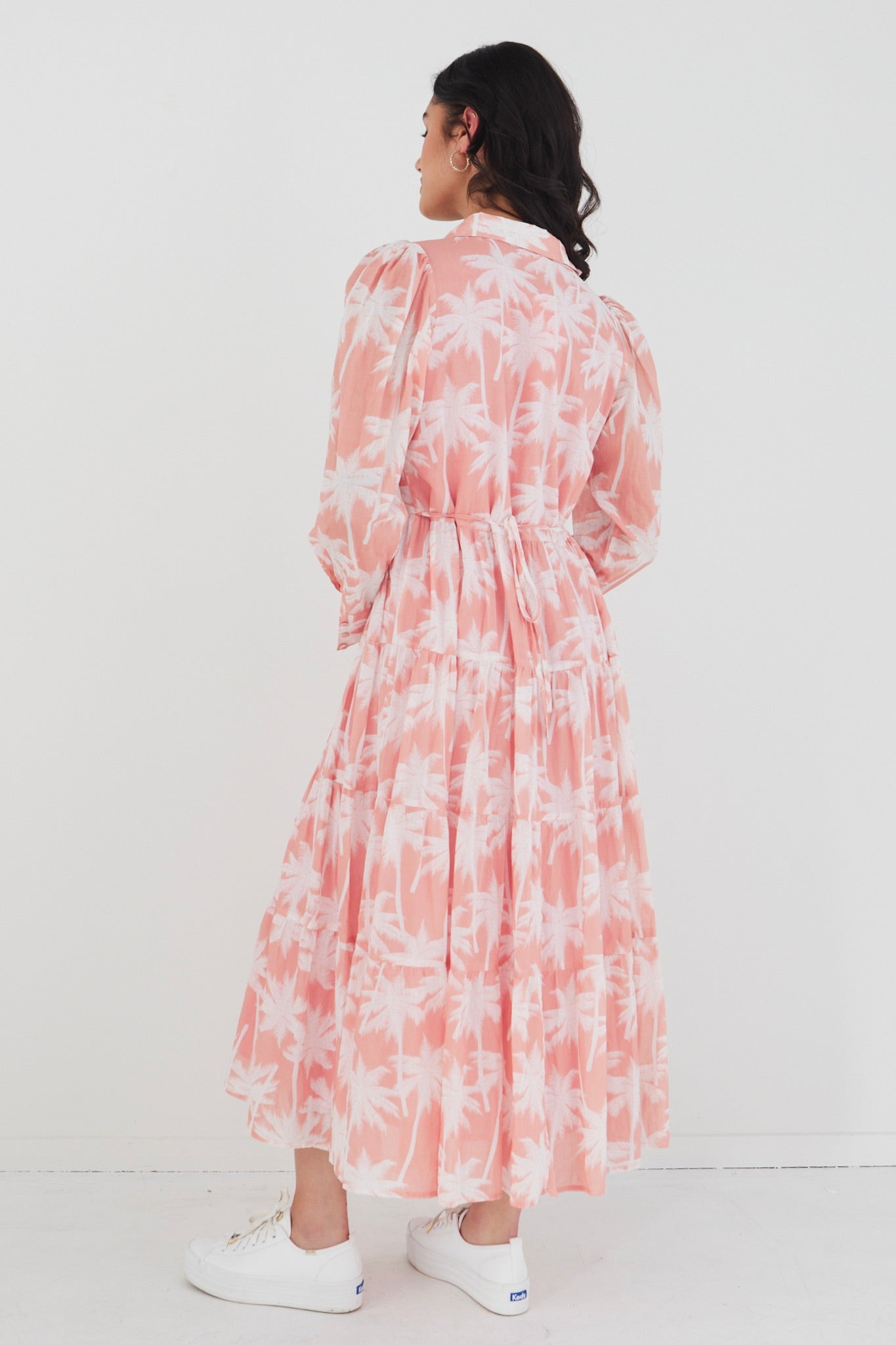 Adair Blush Palms Tiered Shirt Style Maxi Dress for Women - Flowy Summer Beach Dress, Boho Chic Wedding Guest Outfit, Casual Party Wear
