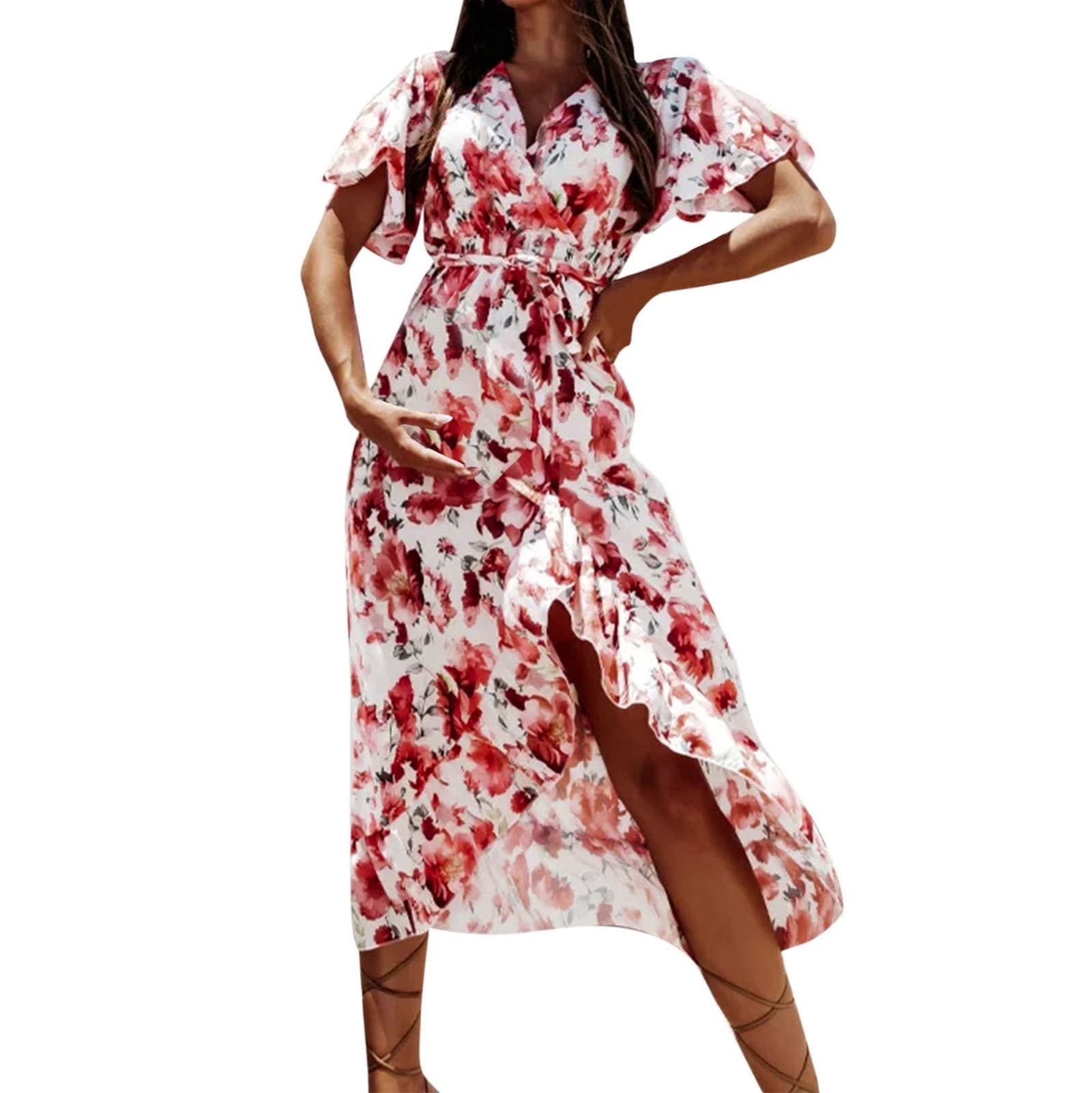 Women's Athletic Summer Dress - Bohemian Floral Print V-Neck Short Sleeve Split Party Dress (Perfect for Yoga, Beach Vacations & Casual Outings)
