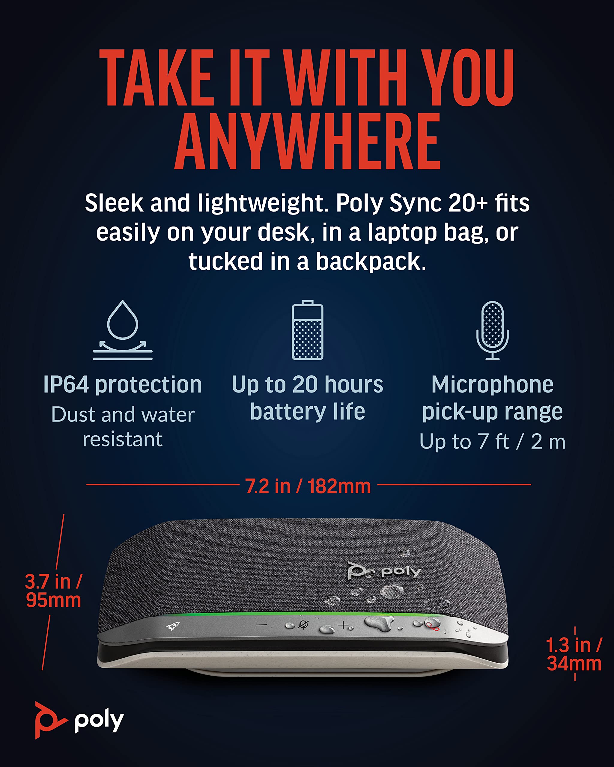 Poly Sync 20+ Personal Portable Bluetooth Smart Speakerphone with USB-A UC Adapter - Wireless PC/Mac/Smartphone Connectivity - Compatible with Teams, Zoom & Video Conferencing - Ideal for Home Office, Remote Work & Online Meetings - Amazon Exclusive