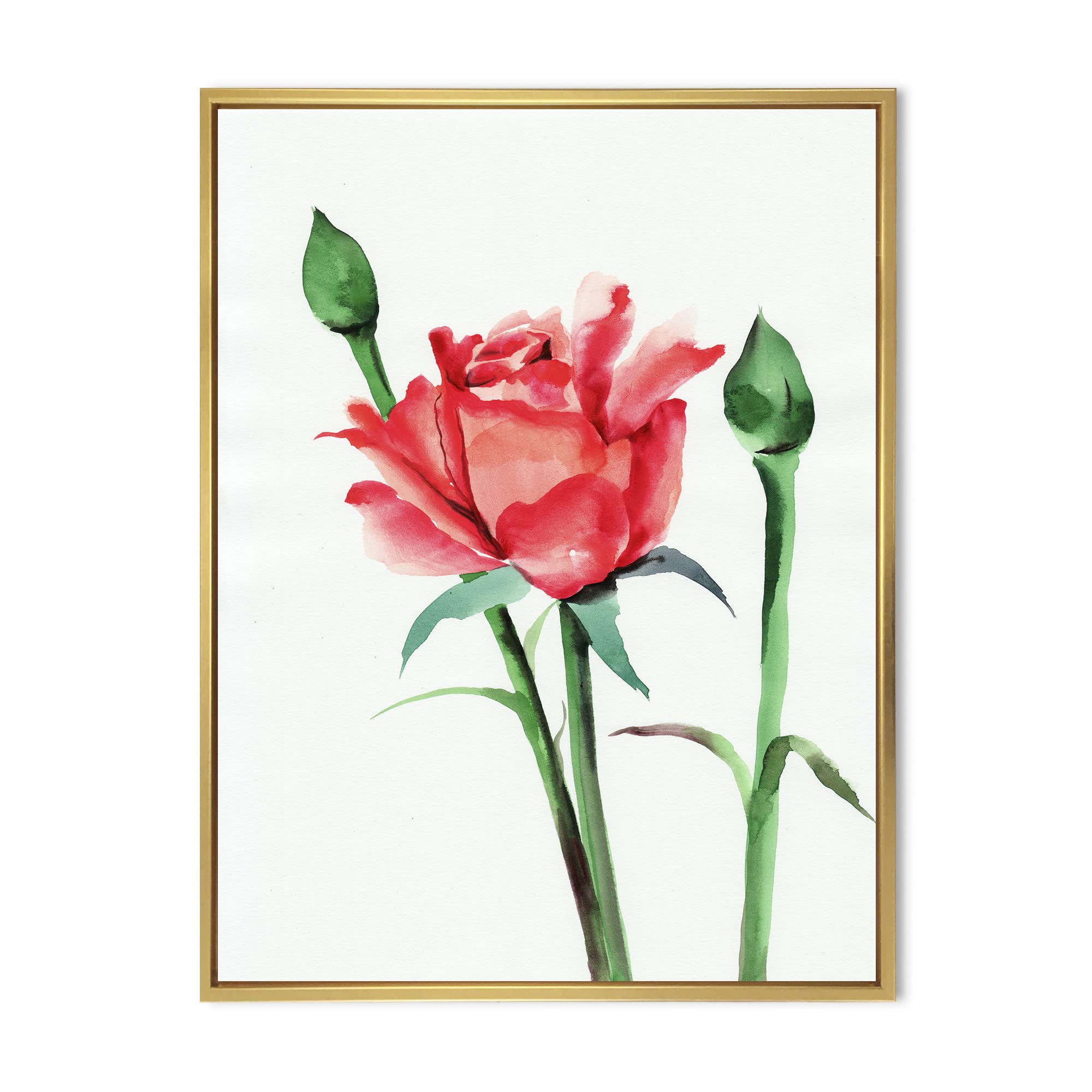 DesignQ Red Rose With Buds - Traditional Framed Canvas Wall Art Print for Home Decor, Living Room, Bedroom & Office | Floral Painting for Wall Display