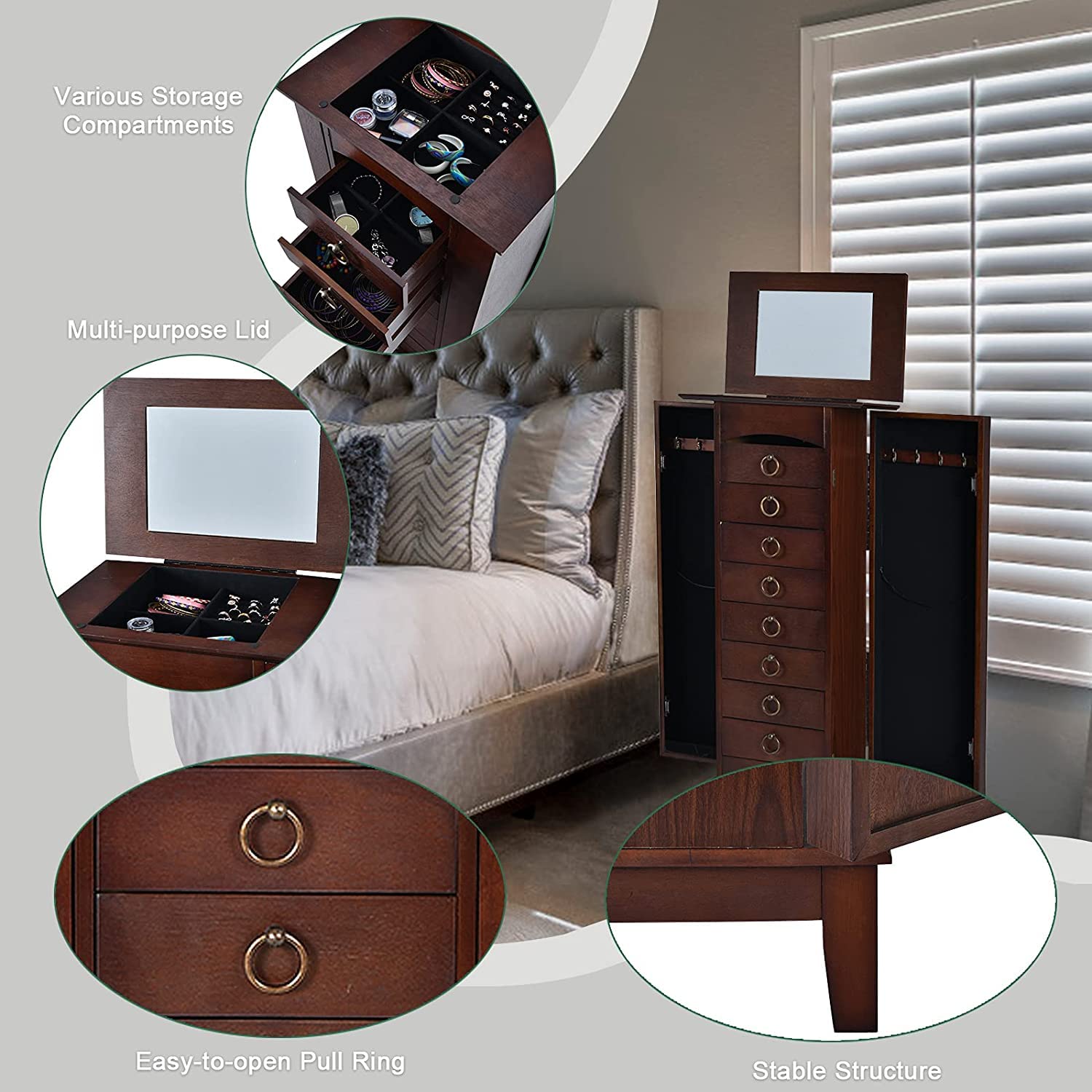 FANTASK Standing Jewelry Armoire Cabinet - Wooden Jewelry Storage Chest with Flip Top Mirror, 9 Drawers & 2 Side Doors - Large Bedroom Storage Organizer for Necklaces, Rings & Accessories - Perfect for Walk-in Closets, Dressing Rooms & Master Bedrooms (Walnut)
