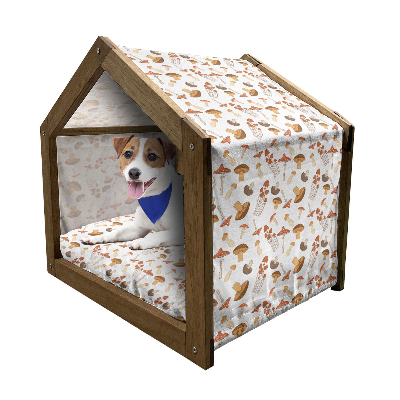 Ambesonne Autumn Wooden Dog House - Colorful Mushroom Pattern Pet Shelter for Small & Medium Dogs, Indoor/Outdoor Portable Kennel with Removable Pillow & Cover, Warm Taupe Brown & Coral | Cozy Fall Season Pet Bed for Backyard, Patio or Living Room