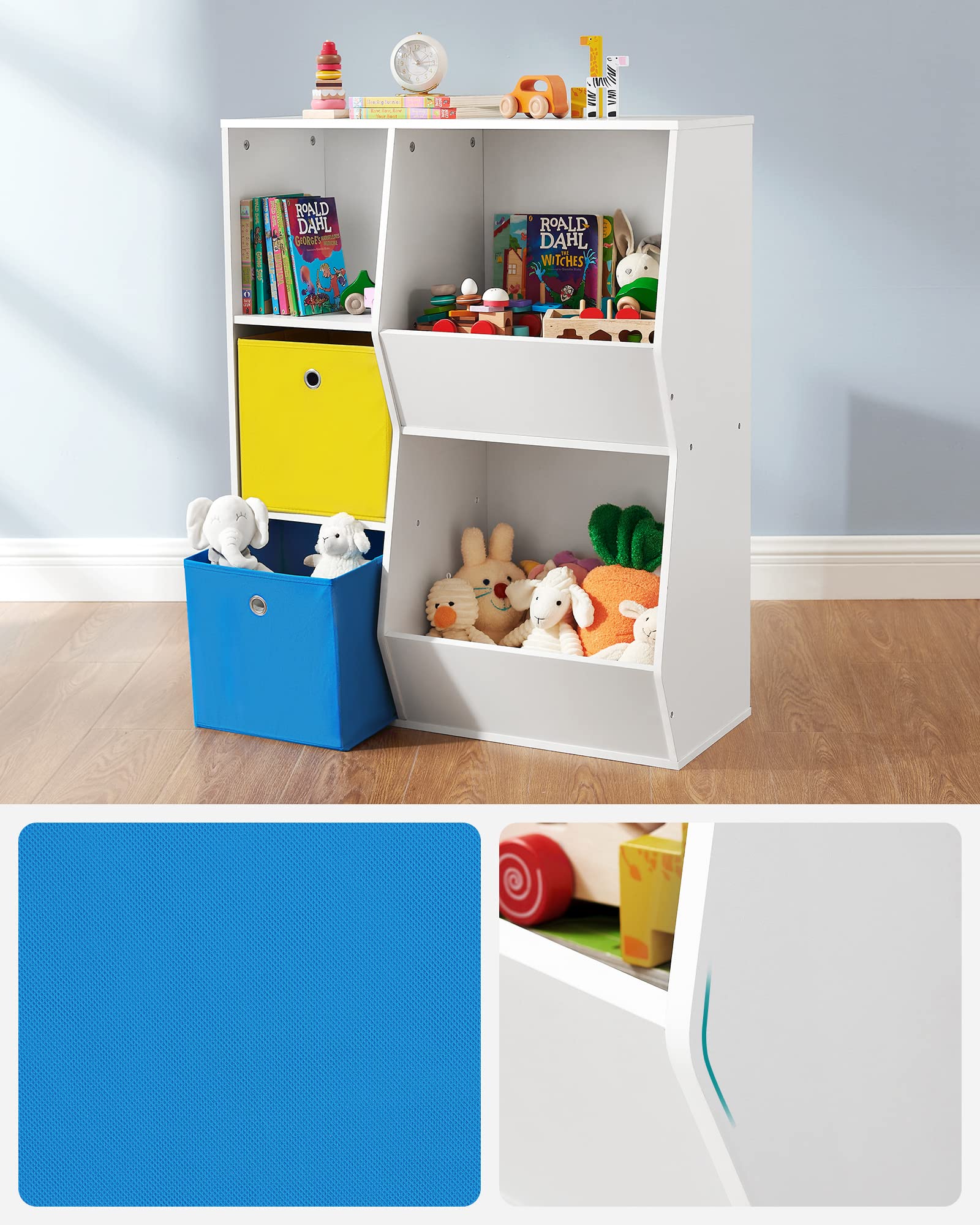 SONGMICS 3-Tier Kids Toy Storage Organizer with Fabric Bins & Adjustable Shelves - White Toy Shelf Organizer for Playroom, Nursery, Bedroom - Perfect for Organizing Toys, Books & Kids Room Decor