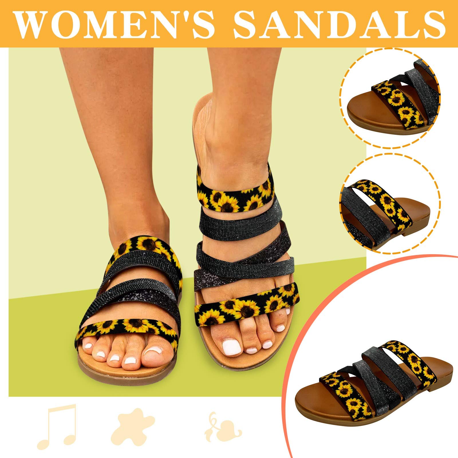 Women's Sunflower Printed Flat Sandals - Comfortable Summer Flip Flops for Beach, Travel & Casual Wear | Breathable & Lightweight Sandals for Outdoor Activities