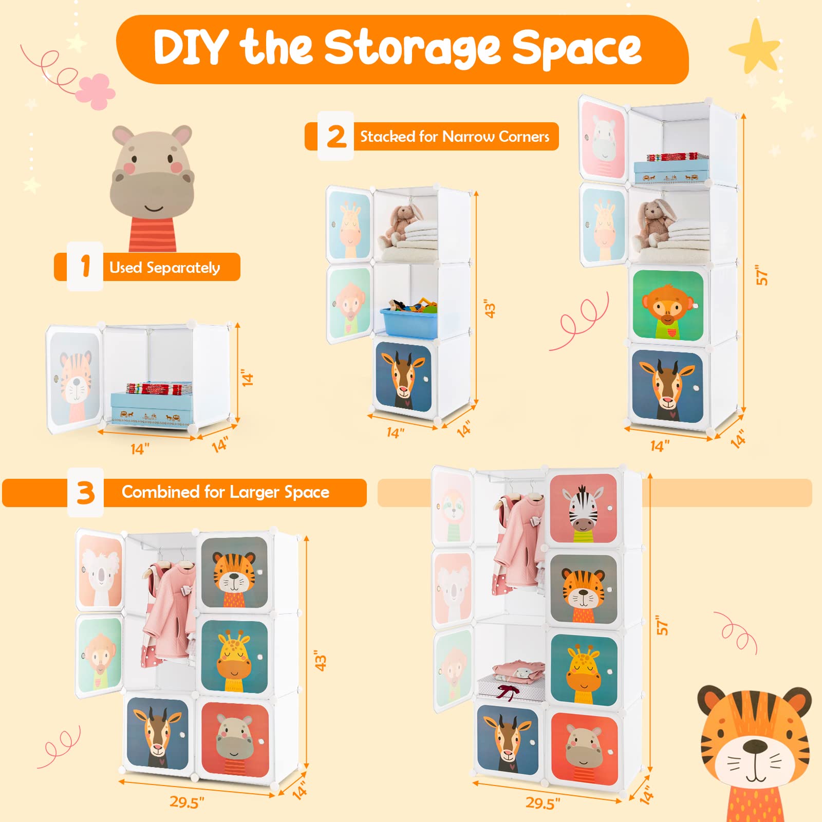 HONEY JOY Kids Wardrobe Closet - 8-Cube & 2-Hanging Section Baby Clothes Organizer | Portable DIY Modular Dresser Cabinet for Boys & Girls Nursery (White) | Perfect for Bedroom Storage & Toy Organization