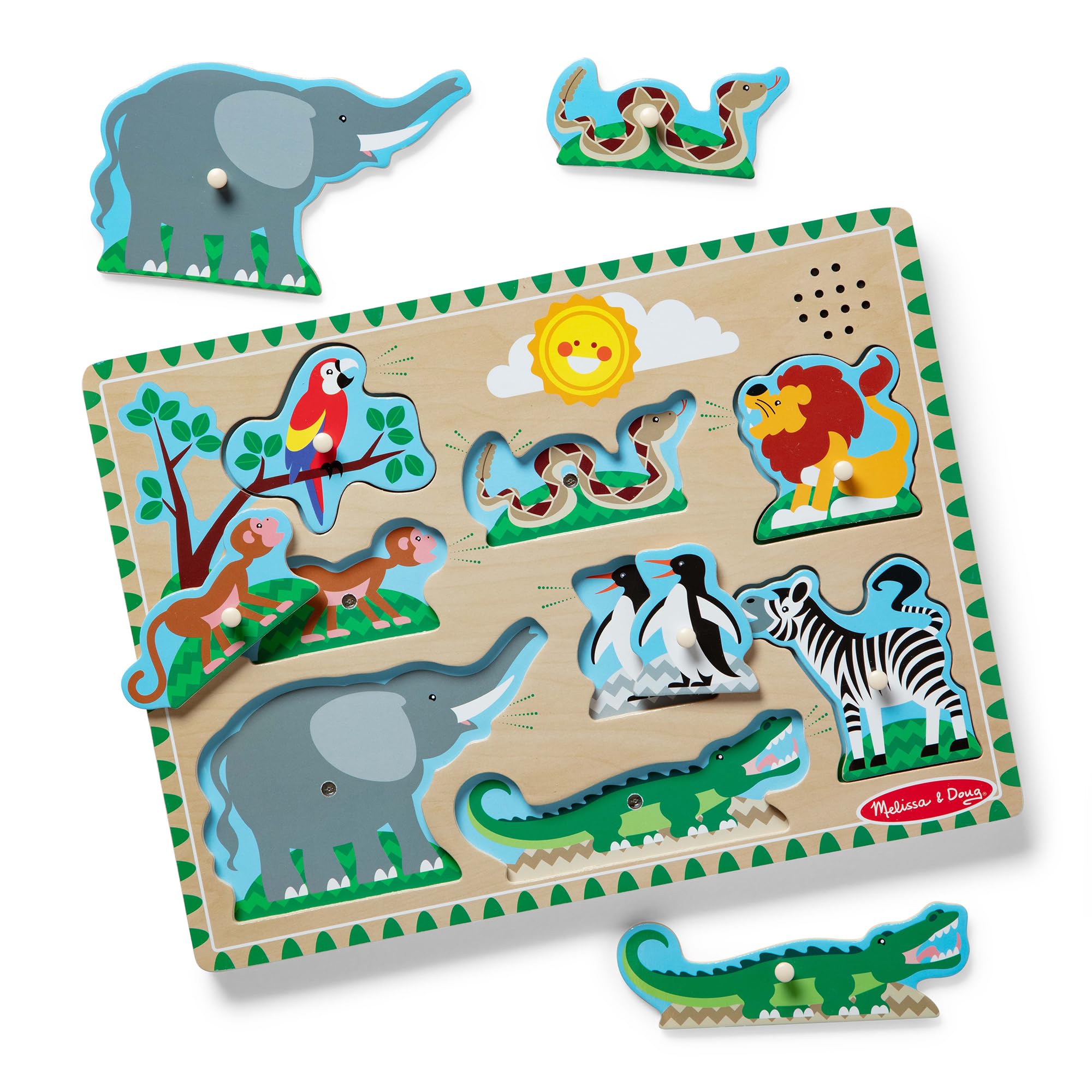 Melissa & Doug Zoo Animals Sound Puzzle - Wooden Peg Puzzle with Sound Effects (8 Pieces) - Educational Toddler Toy for Learning Animal Names & Sounds | Perfect for Preschool Classroom, Daycare & Home Playtime