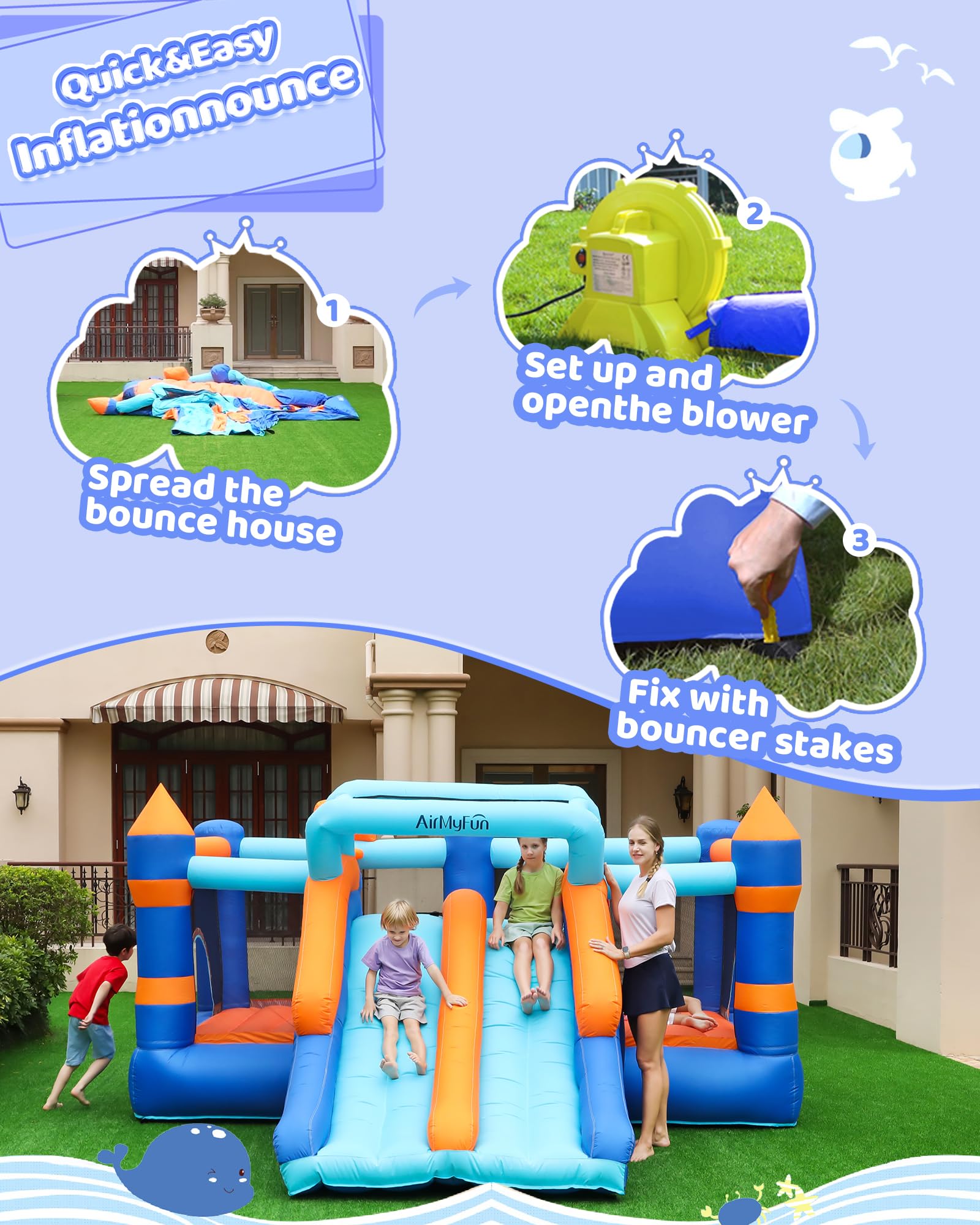 **AirMyFun Inflatable Bounce House with Double Slide & Basketball Hoop - Kids Indoor/Outdoor Jumping Castle for Backyard Parties, Birthday Events & Playtime Fun**