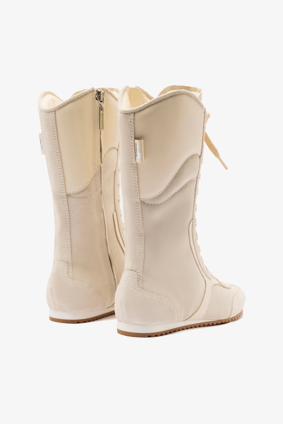 Larroudé x Jonathan Cohen Flat Lo Sneaker Boot in Mushroom Grey Suede & Ivory Leather - Stylish Women's Casual Shoes for Everyday Wear, Work & Travel
