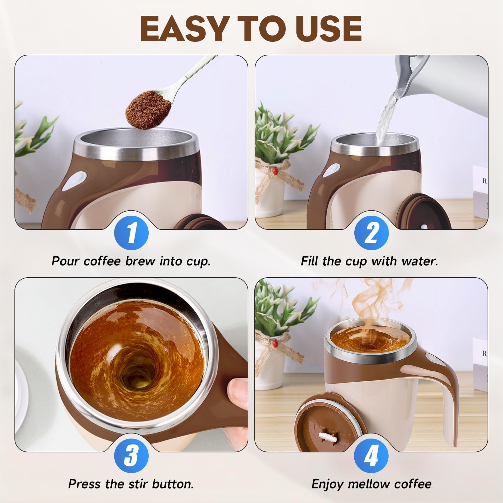2025 Automatic Magnetic Stirring Coffee Mug - Self Stirring Stainless Steel Travel Mug with Lid for Coffee, Tea & Hot Drinks | Insulated Thermos for Office, Home & Commuting (Brown)