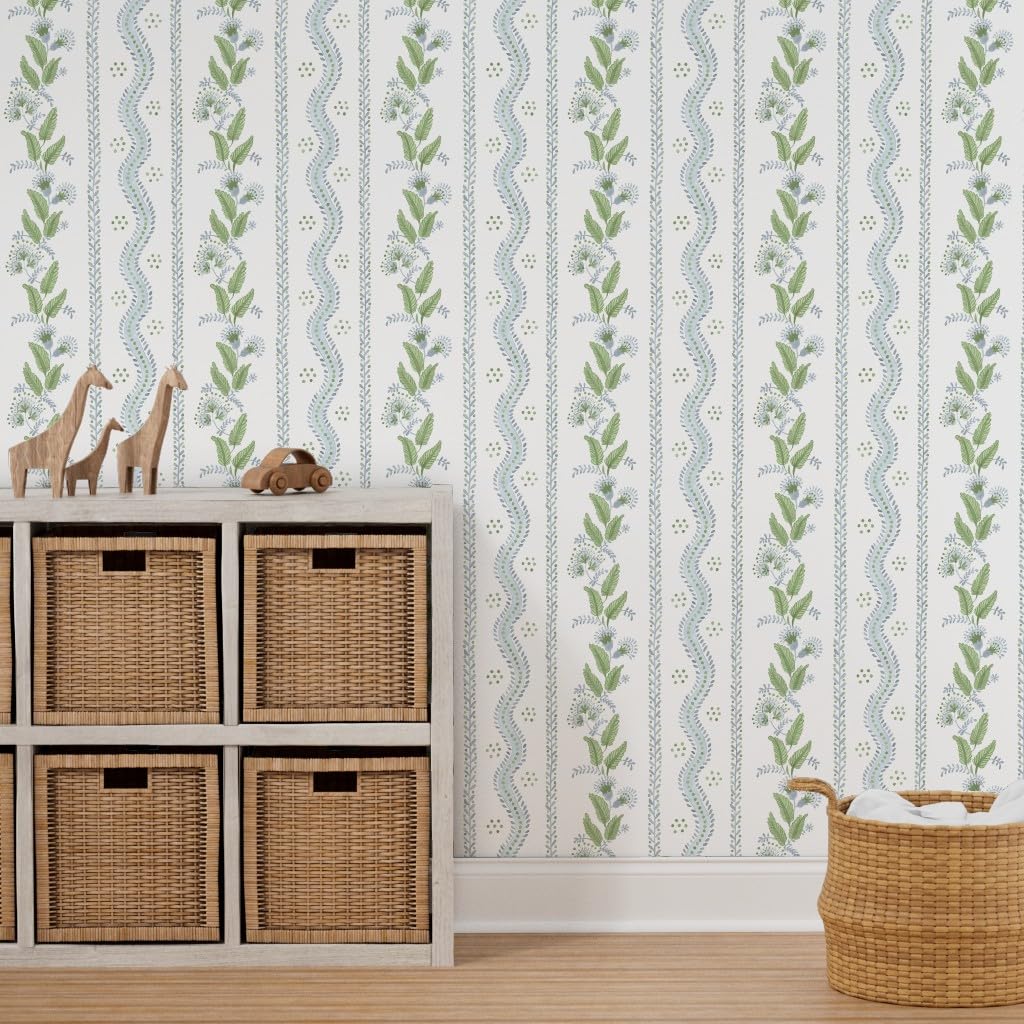 Peel & Stick Removable Wallpaper 3ft x 2ft - Soft Blue Green White Stripes with Floral Dots | Traditional Custom Wall Decal for Bedroom, Nursery & Home Office Decor