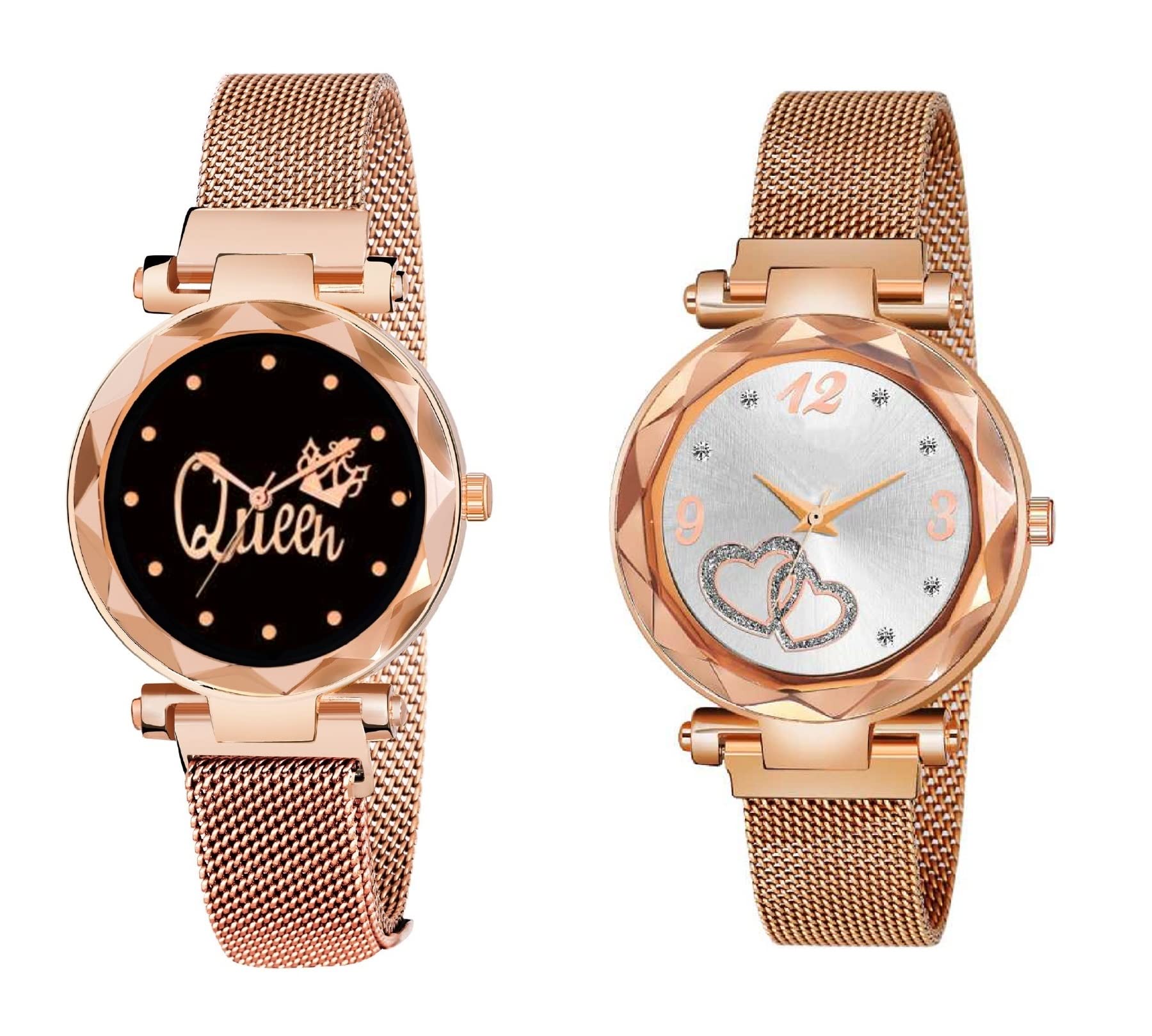 KIARVI GALLERY Women's Analog Watch Set - 2 Pack Magnetic Strap Watches with Black Queen & Off-White Heart Dials in Rose Gold (Perfect for Daily Wear, Gift Giving & Fashion Accessories)