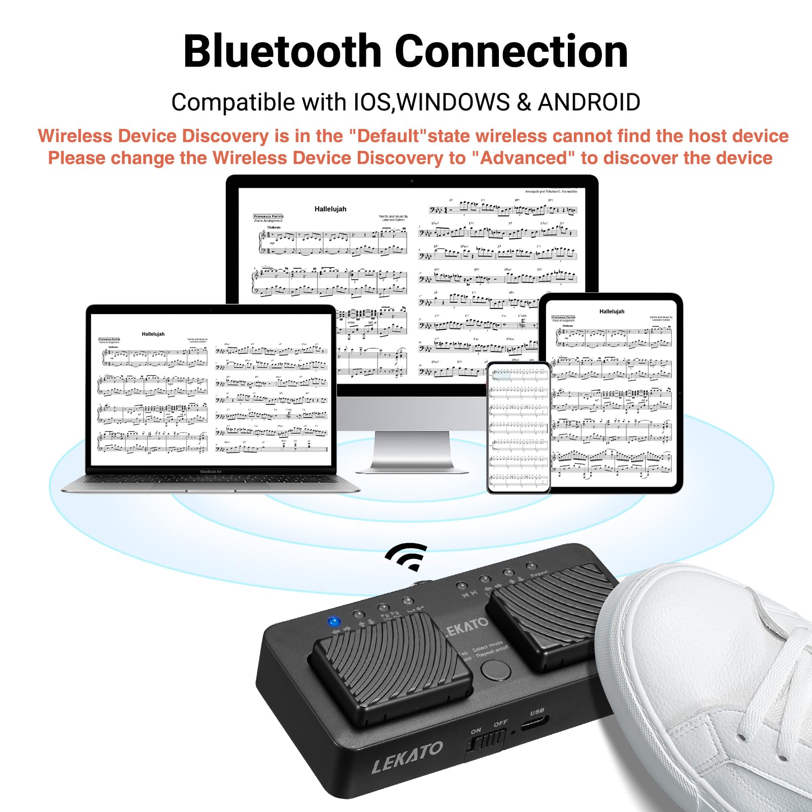 LEKATO Wireless Page Turner - Bluetooth Foot Pedal for Tablets, iPads & Phones | Rechargeable, Hands-Free Music Page Turner | Portable for Reading, Presentations & Music Performances