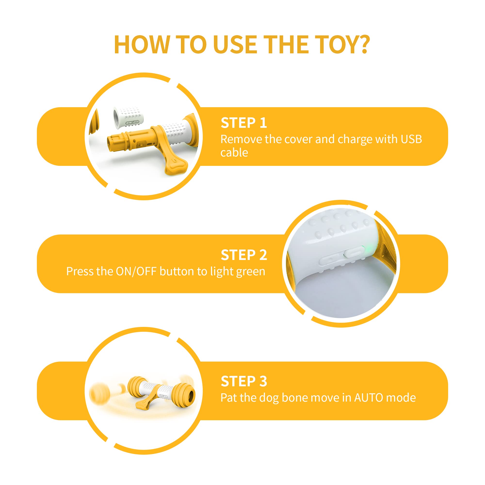 PETGEEK Interactive Dog Toys - Automatic Electronic Dog Bones with Safe & Durable Material, USB Rechargeable for Small & Medium Dogs - Keep Your Pet Entertained Indoors & Outdoors (Yellow)