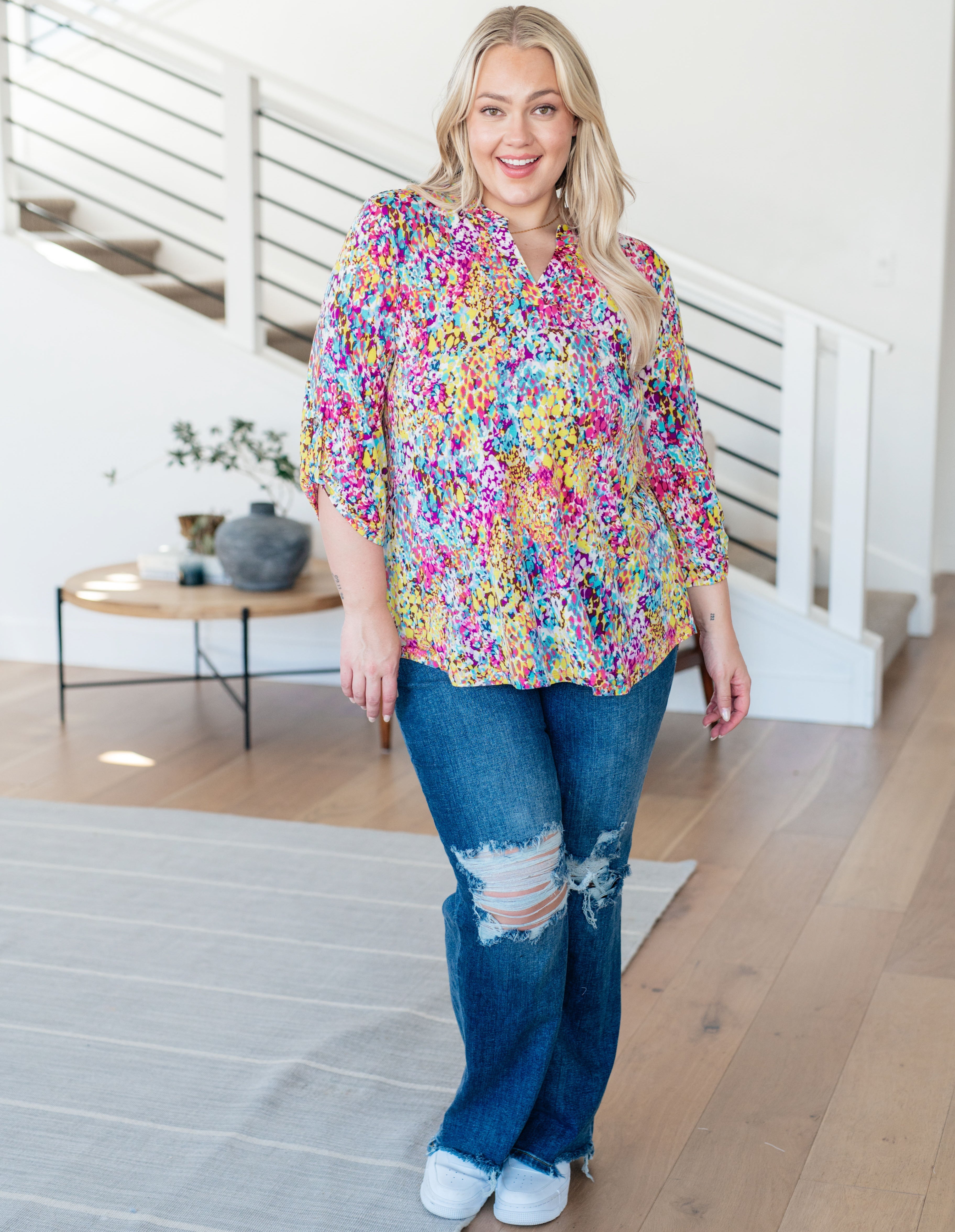 Lizzy Women's Abstract Painted Top in Magenta & Lime - Perfect for Casual Outings, Date Nights & Summer Fashion