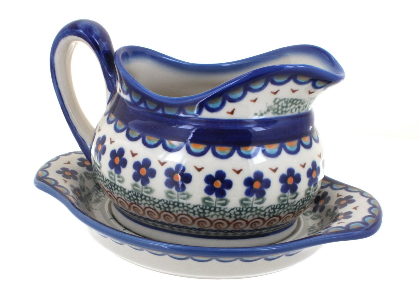 Blue Rose Polish Pottery Aztec Flower Gravy Boat & Plate Set - Handmade Ceramic Serving Dish for Sauces, Dressings & Condiments - Perfect for Thanksgiving, Dinner Parties & Elegant Table Settings
