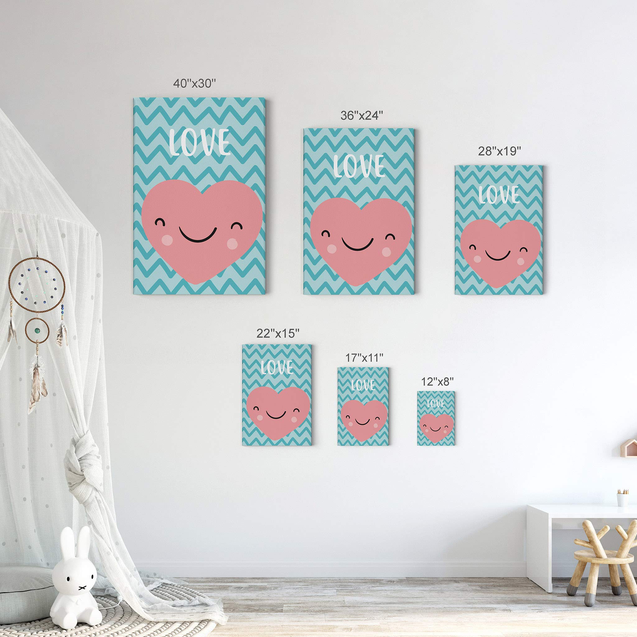 Smile Art Design Lovely Heart Love Lettering Blue Background Canvas Print - Nursery Wall Art for Baby & Kids Room Decor - Ready to Hang 12x8 Inch - Made in USA | Perfect for Nursery, Bedroom & Playroom Decor
