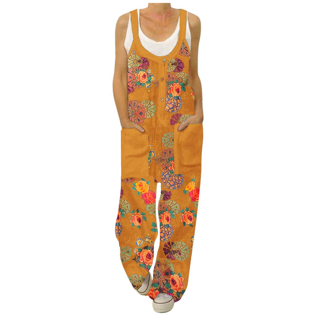 Vintage Floral Print Women's O-Neck Long Romper with Straps & Pocket - Casual Jumpsuit for Summer Outfits, Beach Wear and Daily Fashion