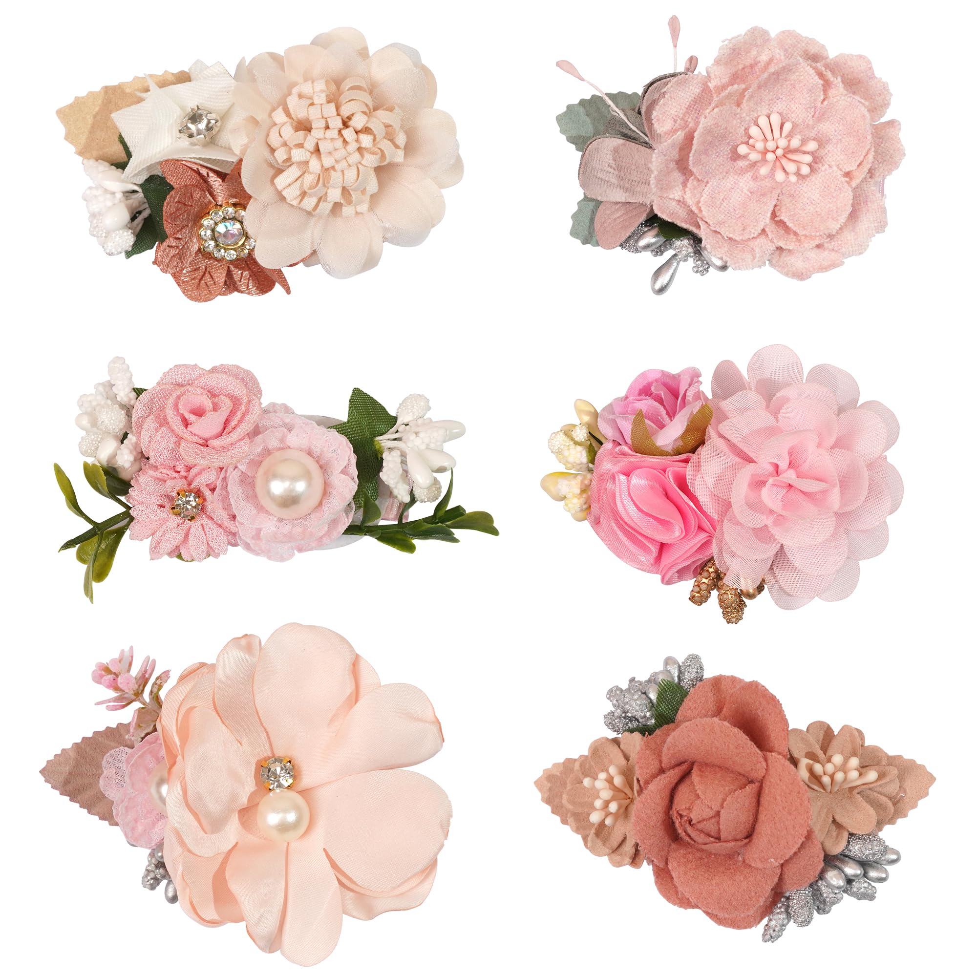 6 PCS Handmade Floral Hair Bows with Faux Pearls - Alligator Clip Barrettes for Women, Girls & Kids - Perfect for Weddings, Parties & Everyday Hair Accessories (Style 2)