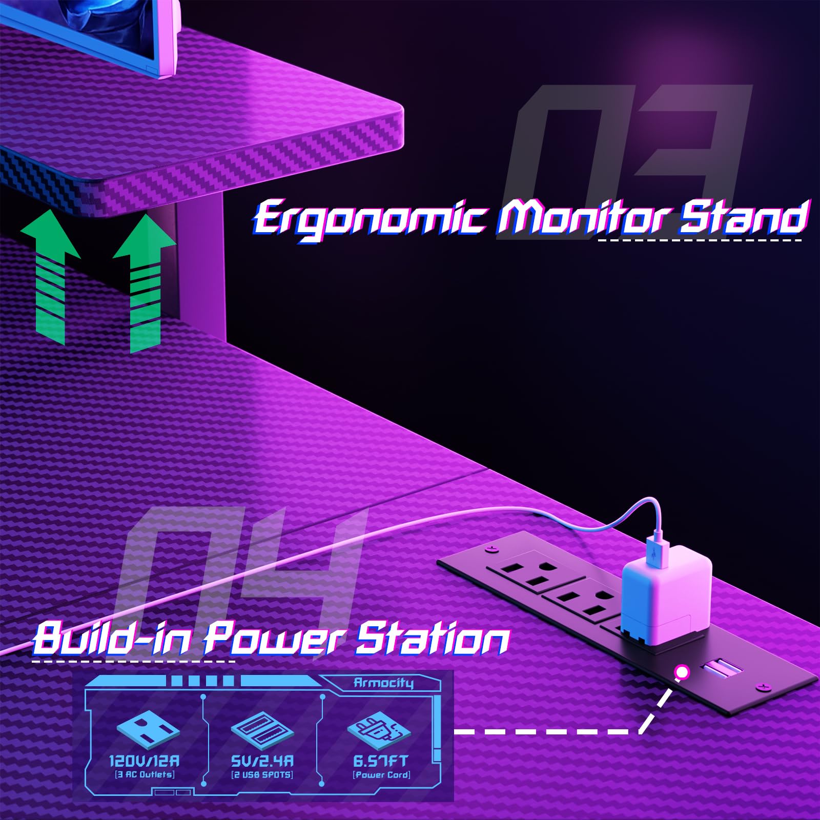 Premium L-Shaped Gaming Desk with Built-in Power Outlets & RGB LED Lights - 47
