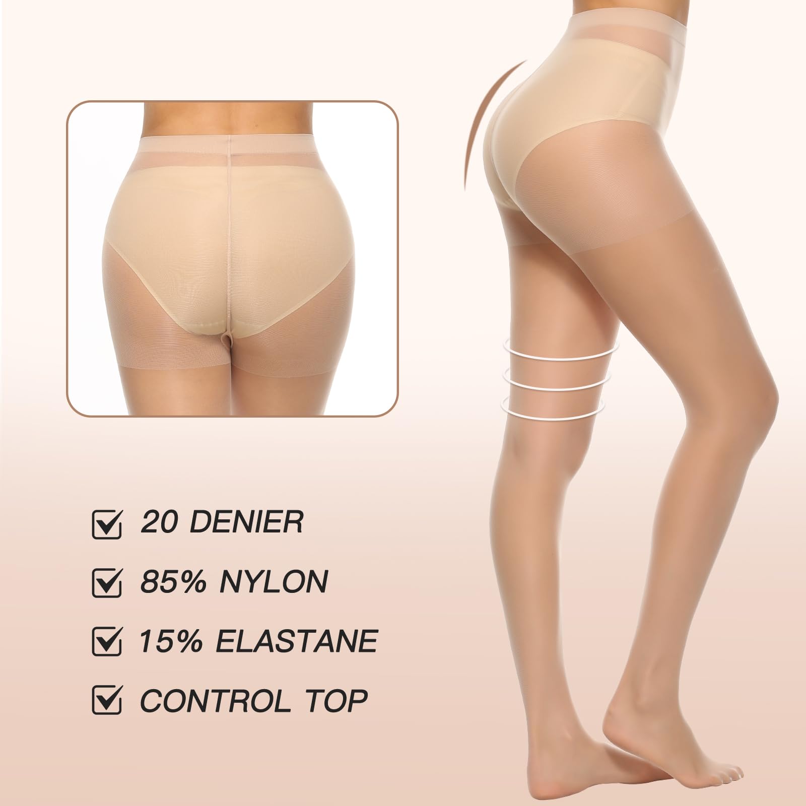 MANZI 6 Pairs 20D Women's Sheer Tights Ultra Thin High Waist Pantyhose Thigh Stockings - Perfect for Office, Party & Everyday Wear