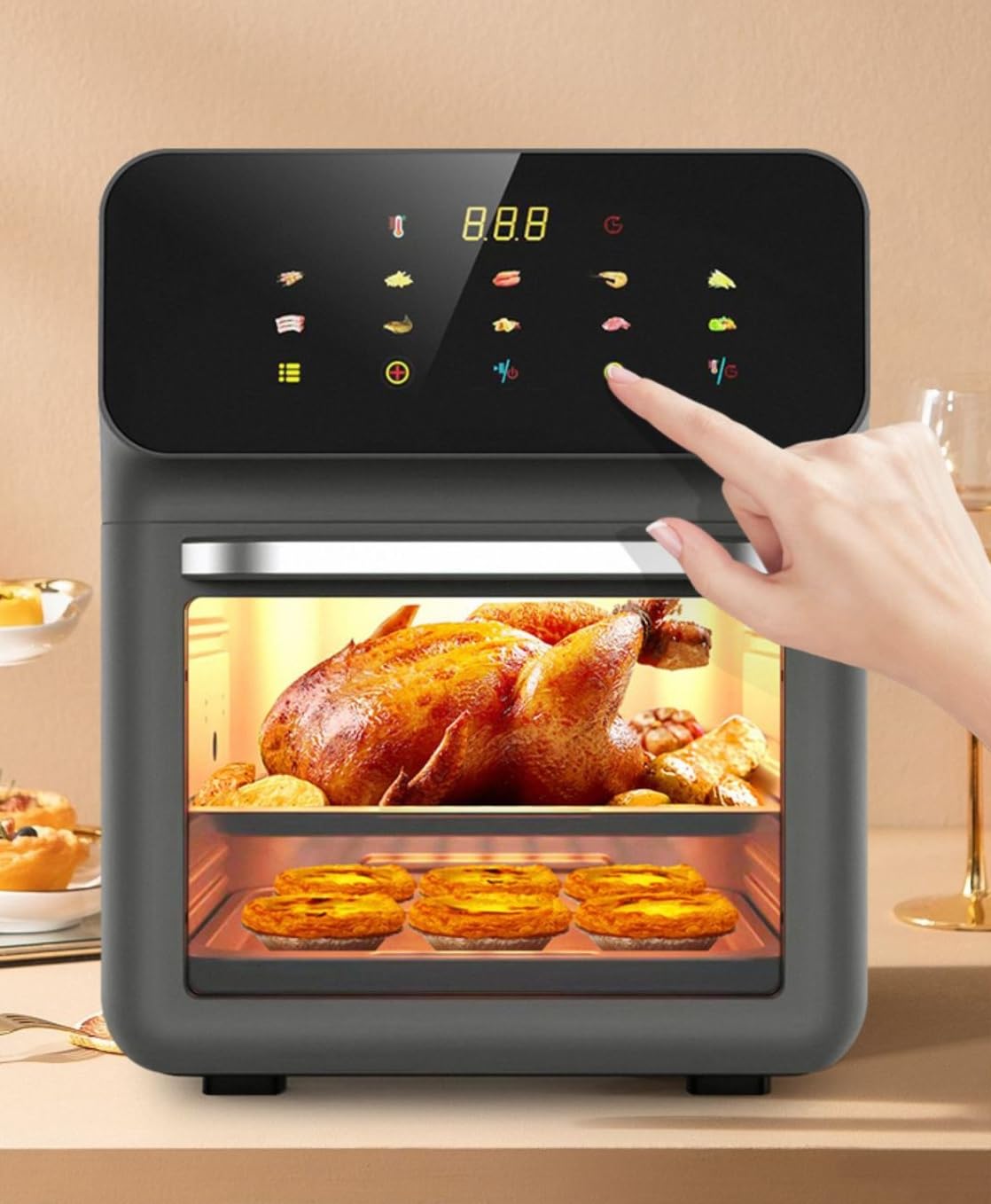 15L Air Fryer Rotisserie Oven with Smart Thermometer - 1350W Powerful Small Family Size Countertop Oven, 2 Rack Positions & Precise 32-392°F Temp Control - Perfect for Roasting Chicken, Baking, and Healthy Frying in Your Kitchen