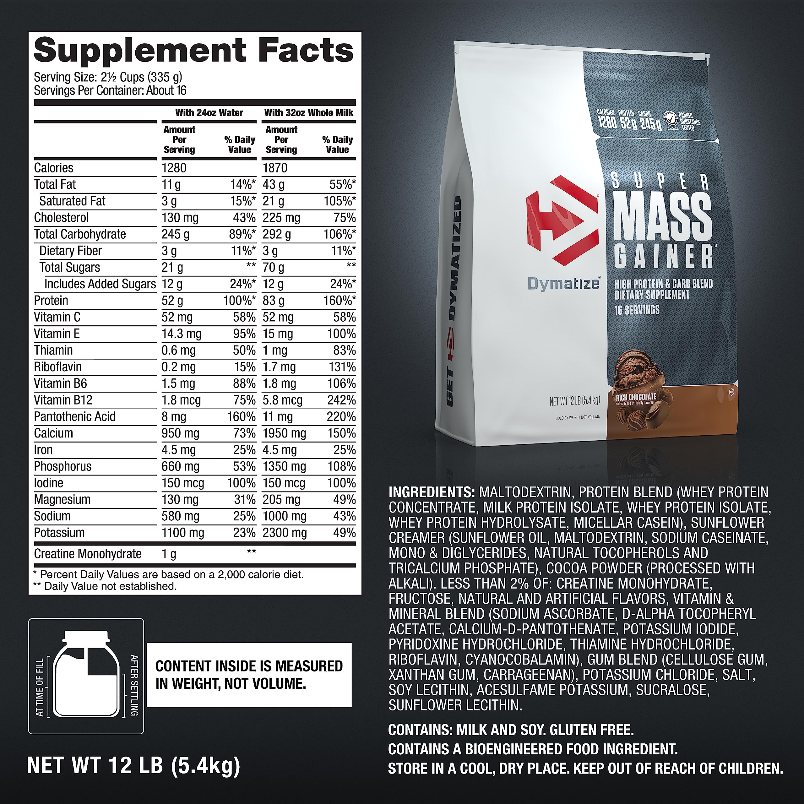Dymatize Super Mass Gainer Protein Powder - Rich Chocolate Flavor | 52g Protein, 1g Creatine, 1280 Calories | Whey Protein, Isolate & Casein Blend | 10.7g BCAAs, 245g Carbs | 16 Servings | Ideal for Muscle Building, Weight Gain & Post-Workout Recovery