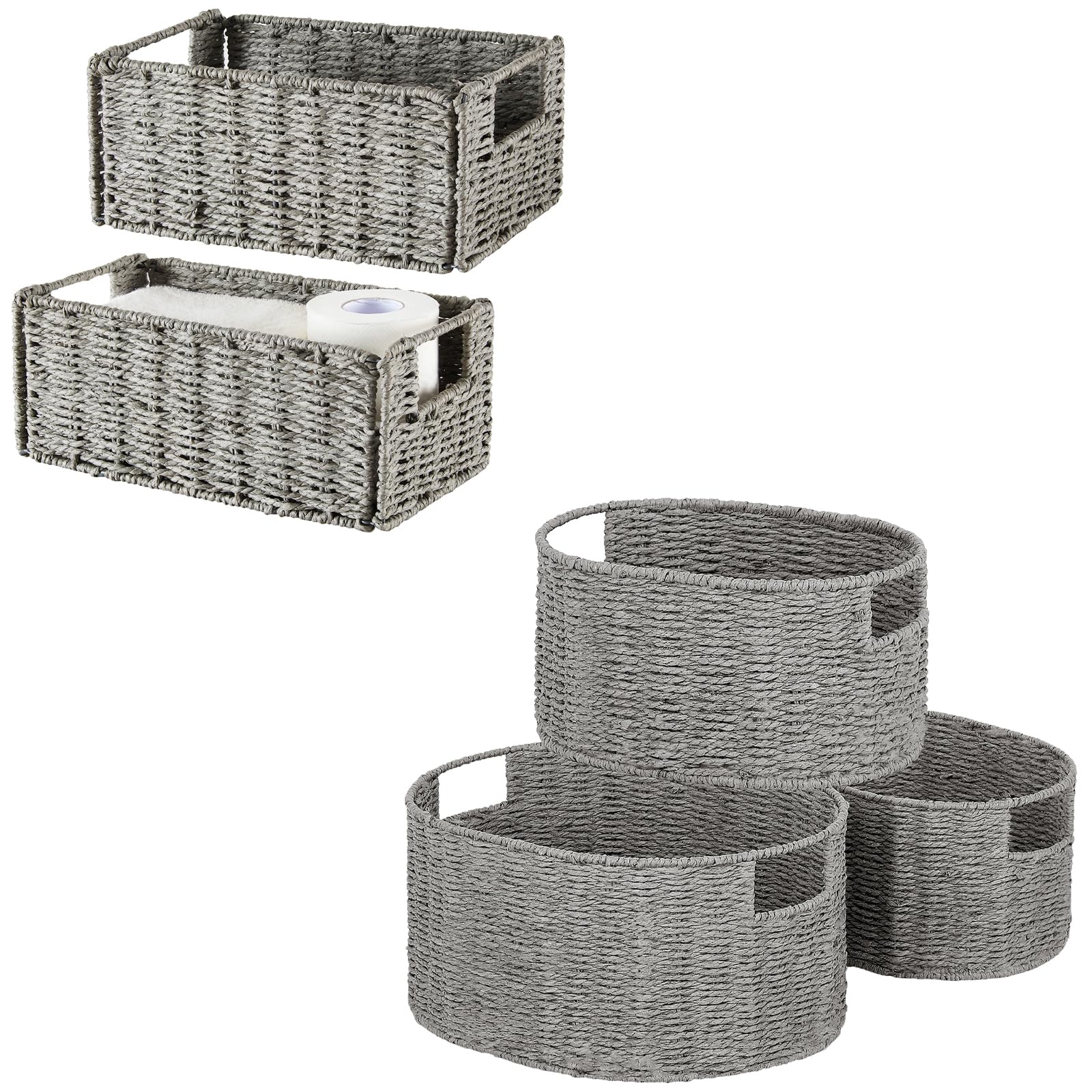 Vagusicc Wicker Storage Basket Set - 5 Handwoven Organizing Baskets for Home Decor, Pantry & Shelf Storage | Grey Woven Storage Cubes for Bedroom, Bathroom & Living Room Organization