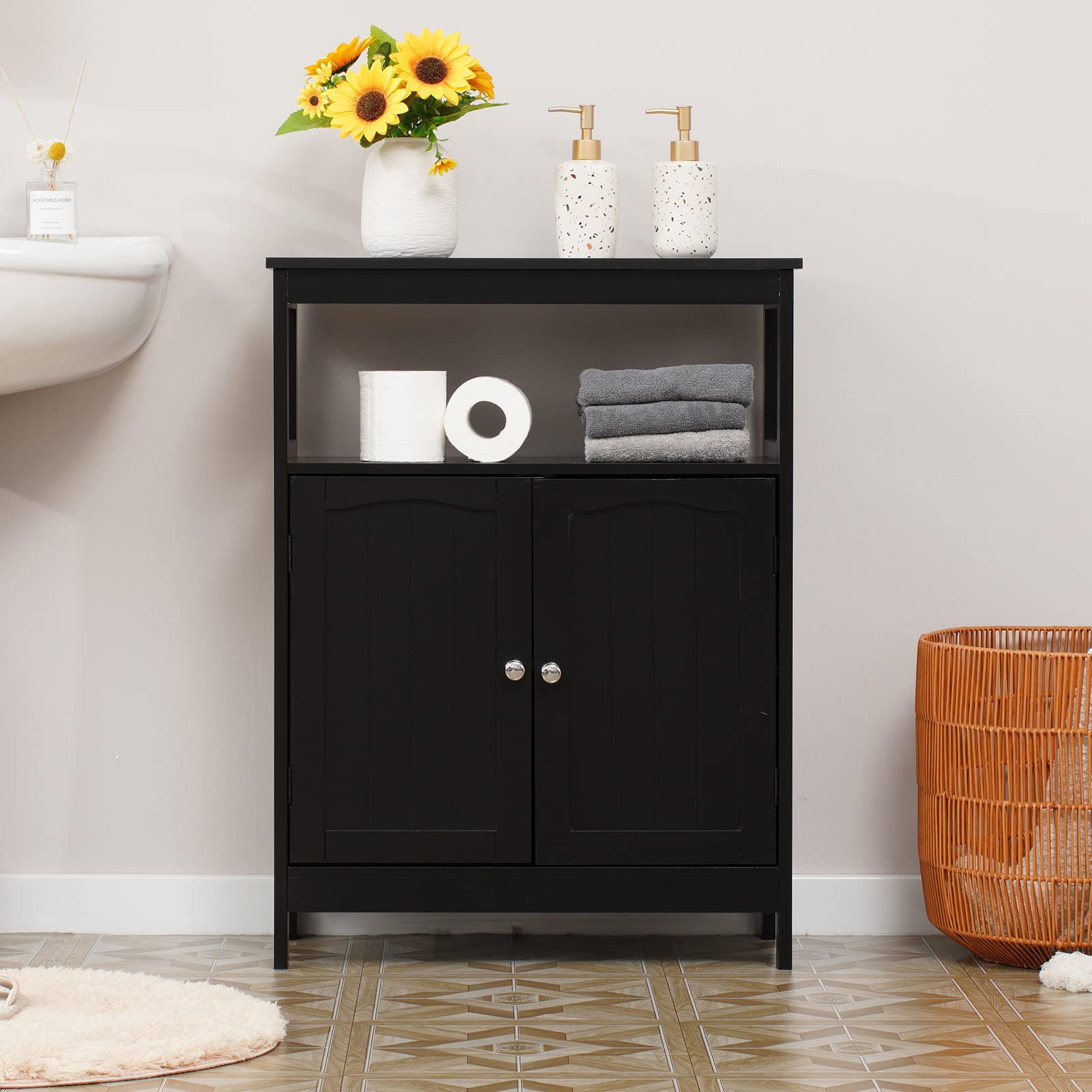 IWELL Black Bathroom Storage Cabinet - Adjustable Shelf Wooden Floor Cabinet with 2 Doors for Bathroom, Living Room, Bedroom - Perfect for Organizing Towels, Toiletries & Home Decor Items