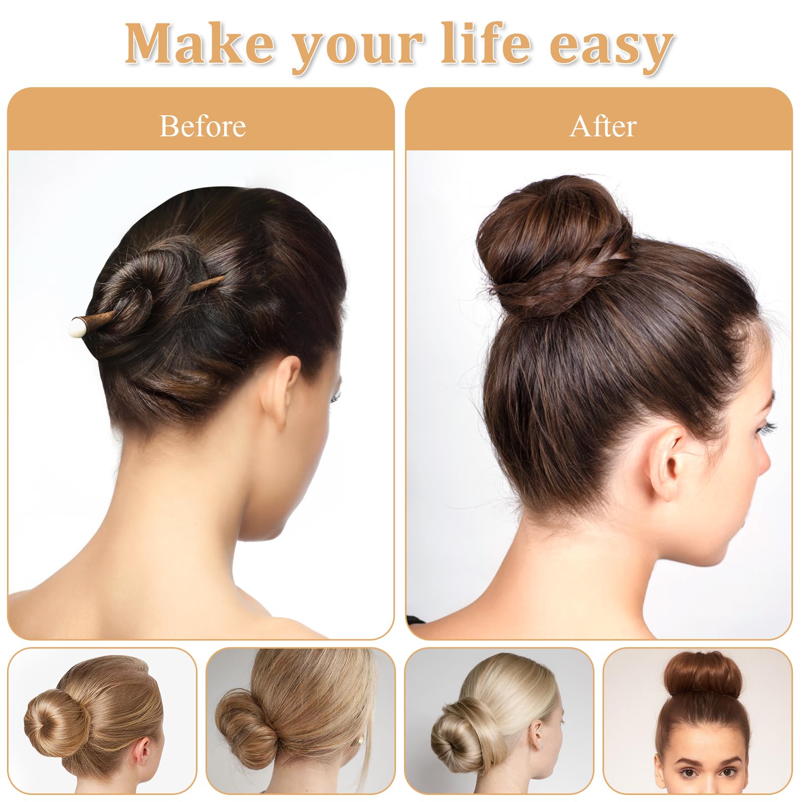 65-Piece Hair Accessories Set with 10 Hair Bun Makers (1 XL, 2 Large, 3 Medium, 4 Small), 50 U-Shaped Pins & 5 Hair Ties - Ballet Donut Bun Maker for Long Thick Hair - Perfect for Ballet, Dance, Wedding & Everyday Hairstyles (Brown)