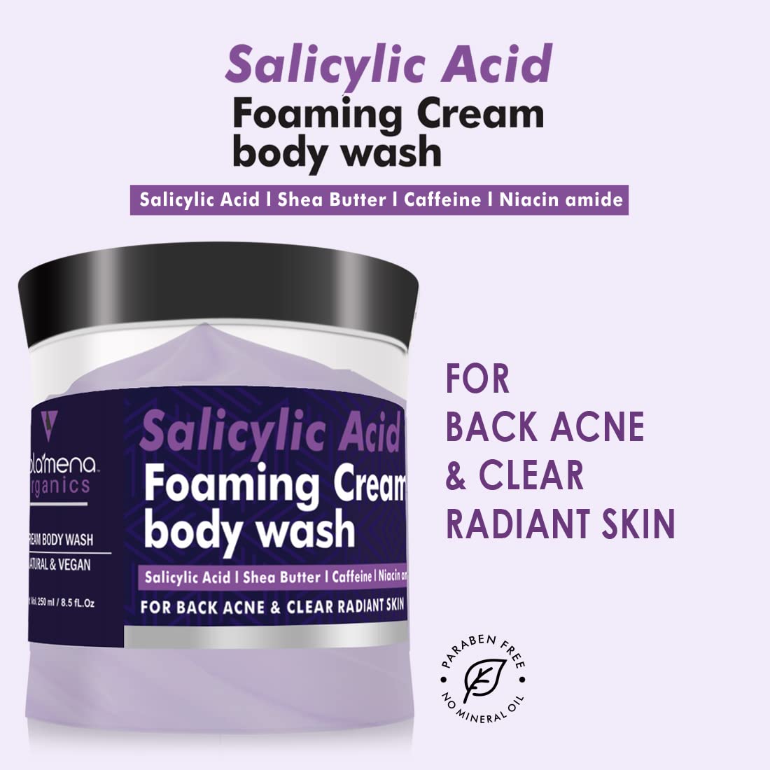 Volamena Salicylic Acid 0.5% Foaming Body Wash - Gentle Exfoliating & Hydrating Cream Cleanser for Acne-Prone Skin (250ml) | Perfect for Daily Shower & Back Acne Treatment