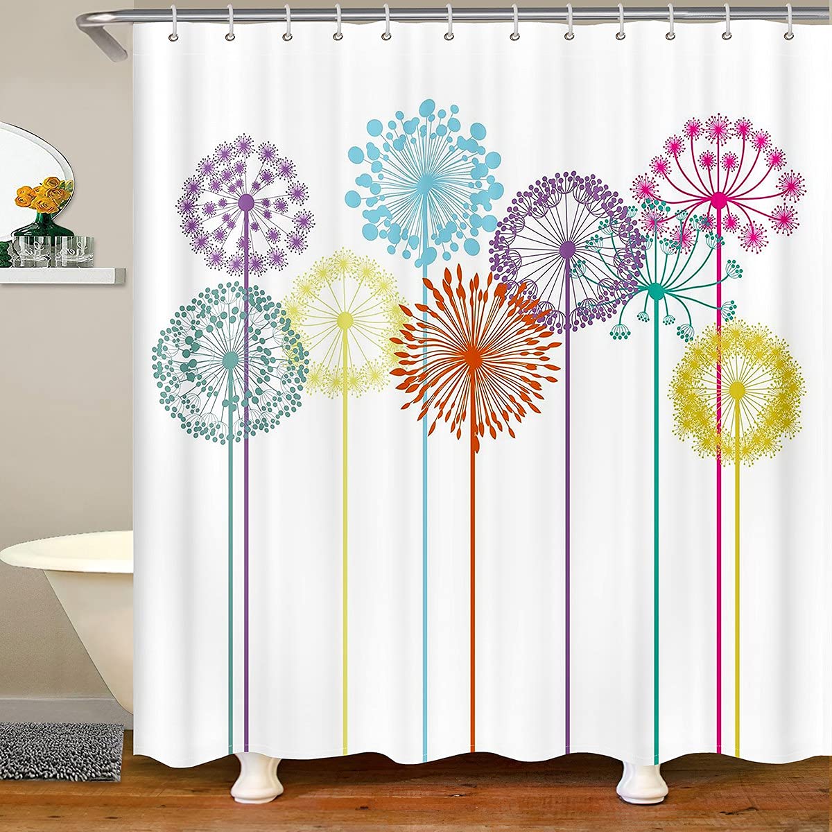 Vibrant Dandelion Bathroom Shower Curtain - Multicolor Blossom Floral Design for Boys, Girls, Teens & Youth - Waterproof Rainbow Botanical Garden Decor - 72