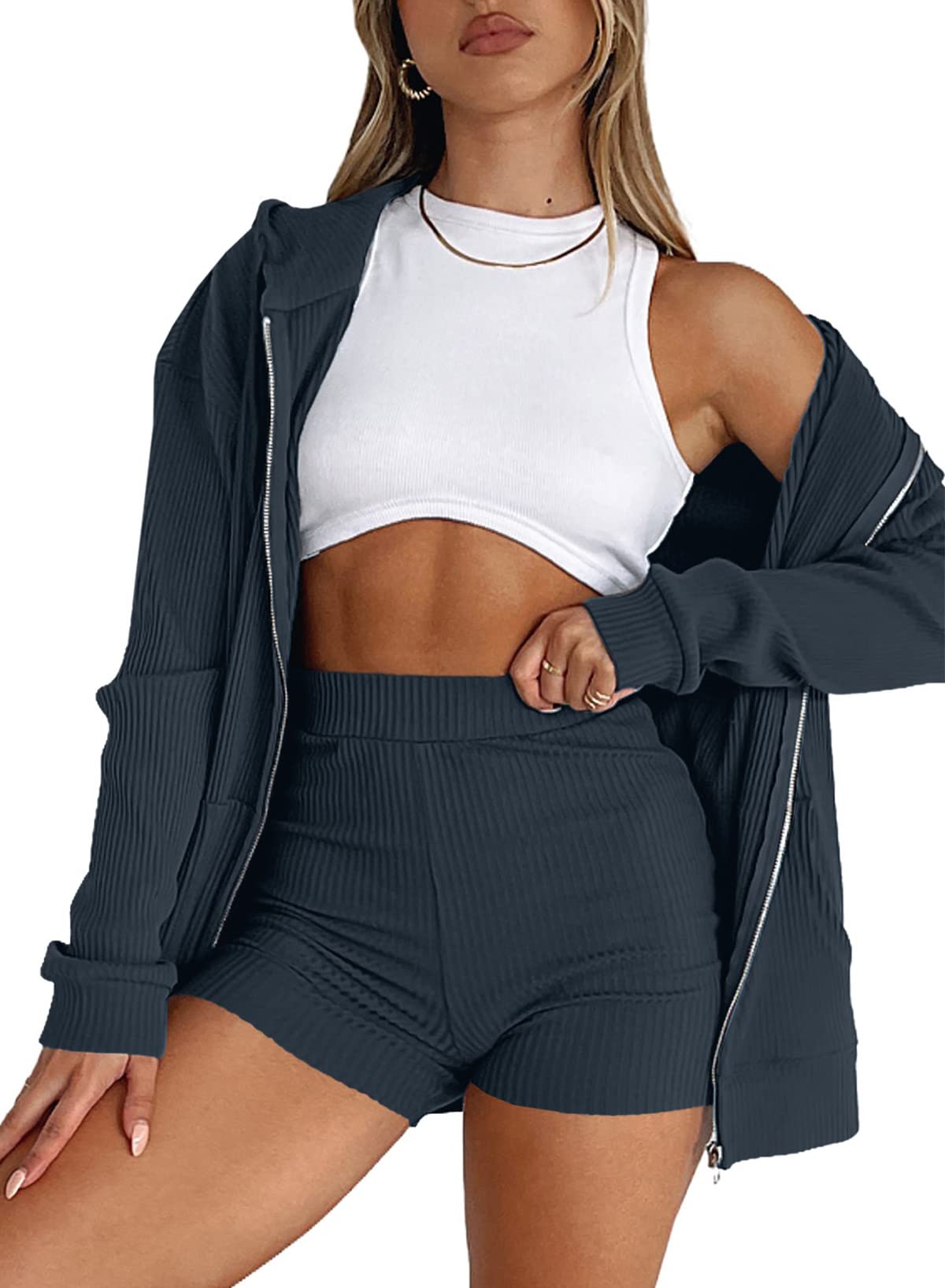 Aleumdr Women's 2 Piece Waffle Knit Lounge Set - Long Sleeve Zip Up Hoodie & Shorts Pajama Set with Pockets | Cozy Homewear for Relaxing, Lounging & Sleepwear