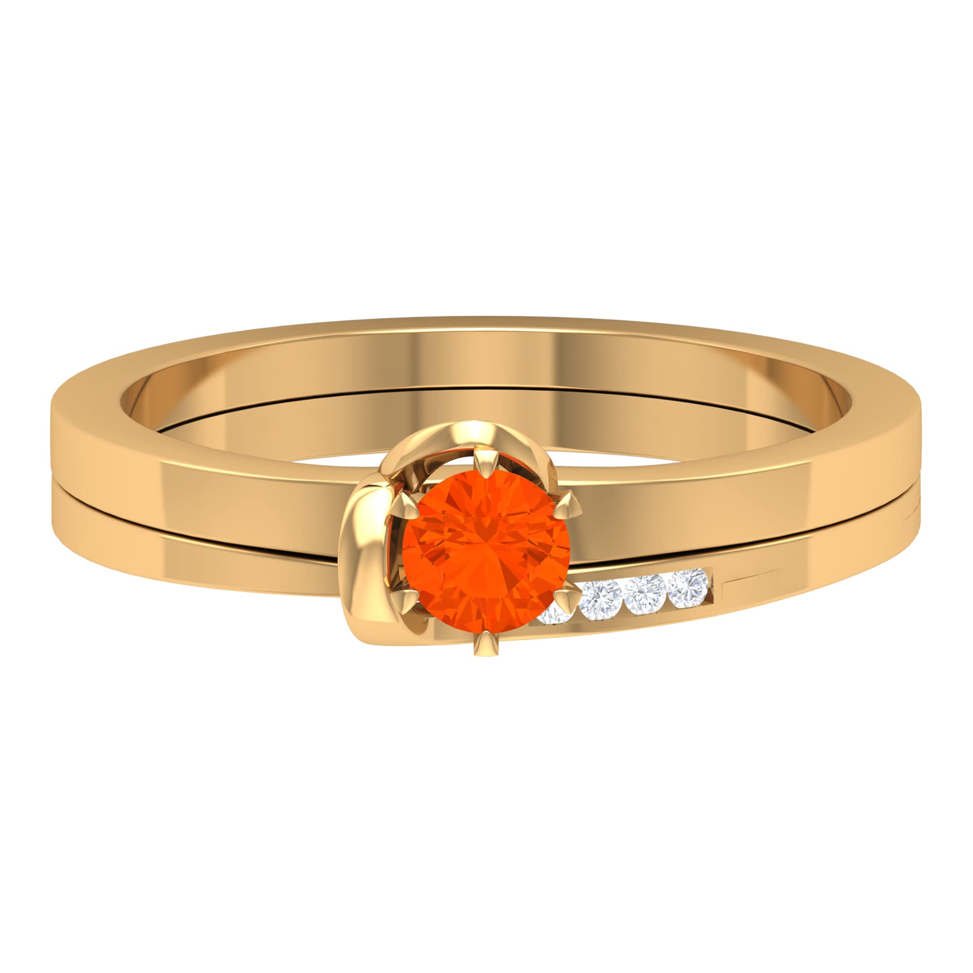 1/4 CT Fire Opal and Diamond Ring - 4MM Round Cut Solitaire Engagement Ring Set in 14K Solid Gold | Minimalist Wedding Band for Women, Anniversary Gift, Bridal Jewelry, Everyday Elegance