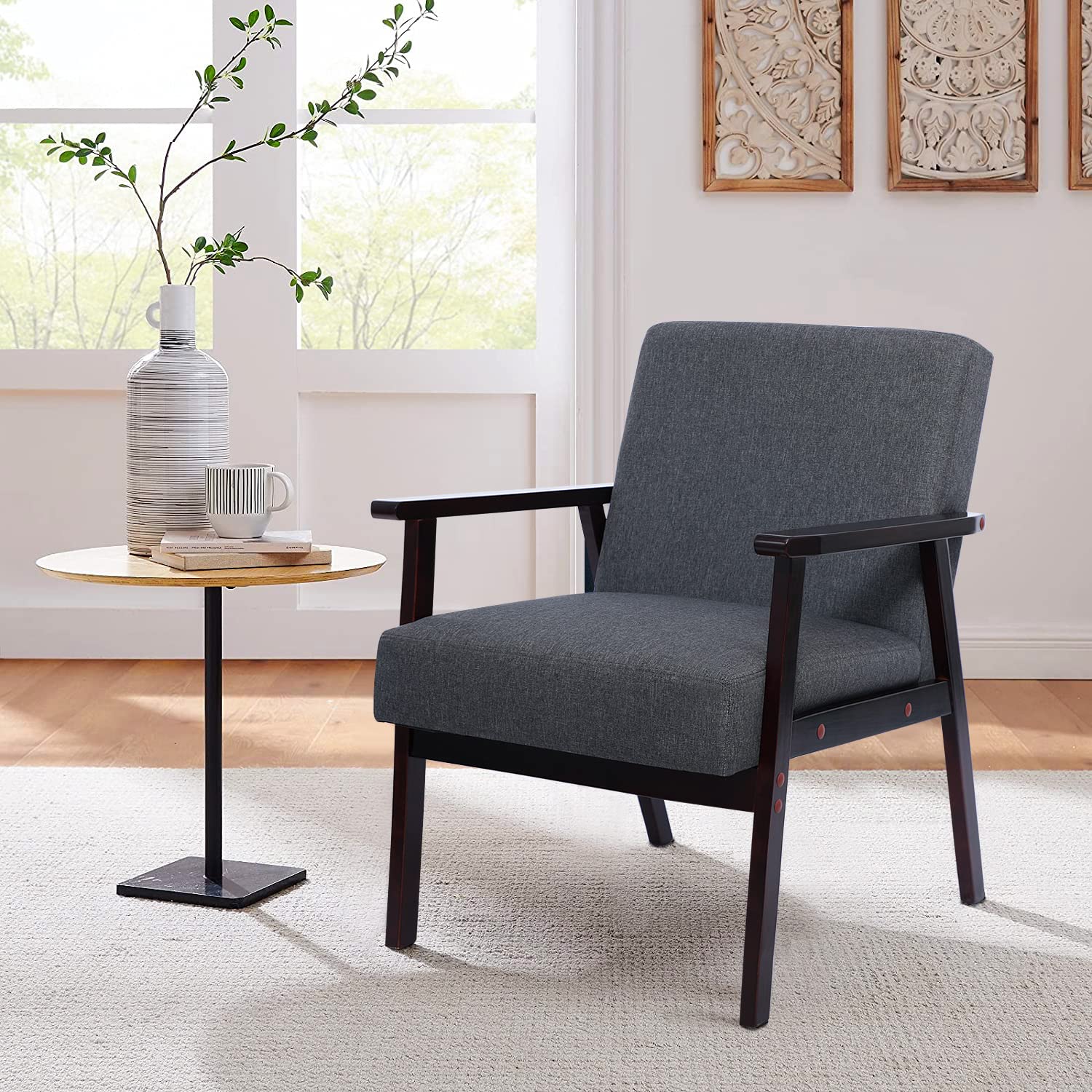 Mid-Century Modern Accent Chair - Upholstered Armchair with Solid Wood Frame, Elegant Lounge Sofa Chair for Living Room & Bedroom - Linen Fabric Padded Reading Chair in Dark Grey - Perfect for Home Office, Reading Nook, or Guest Seating