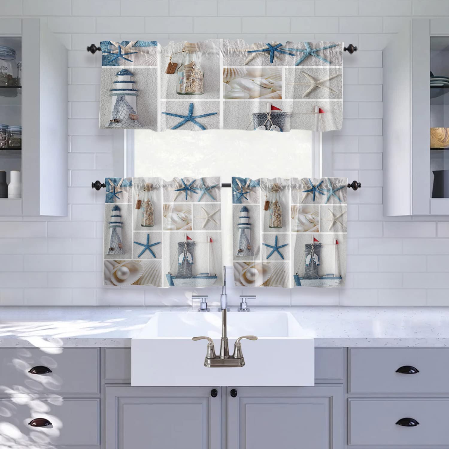 Chucoco 3-Piece Kitchen Curtain Set with Rod Pocket - Nautical Starfish Lighthouse Sailboat Design for Small Windows | Perfect for Beach House Decor & Coastal Themed Kitchens