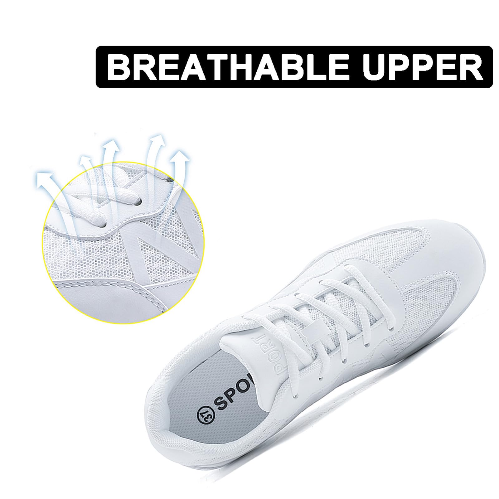 FLIOZY Women's Cheerleading Shoes - White Breathable Lightweight Dance Shoes for Girls, Competition & Athletic Training - Perfect for Cheer Practice, Gym Workouts and Dance Performances