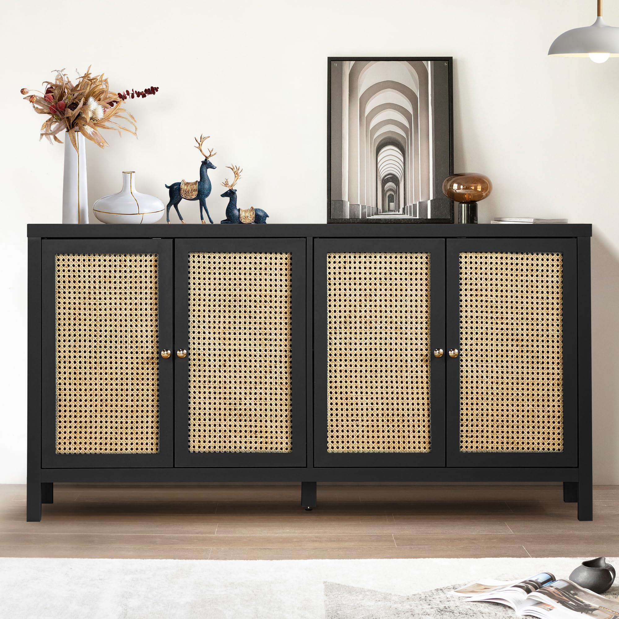 QHITTY 4-Door Rattan Sideboard Buffet Cabinet with Adjustable Shelves - Storage Console Table for Kitchen, Dining Room, Living Room & Hallway - Perfect for Organizing Dishes, Linens & Home Decor (Black)
