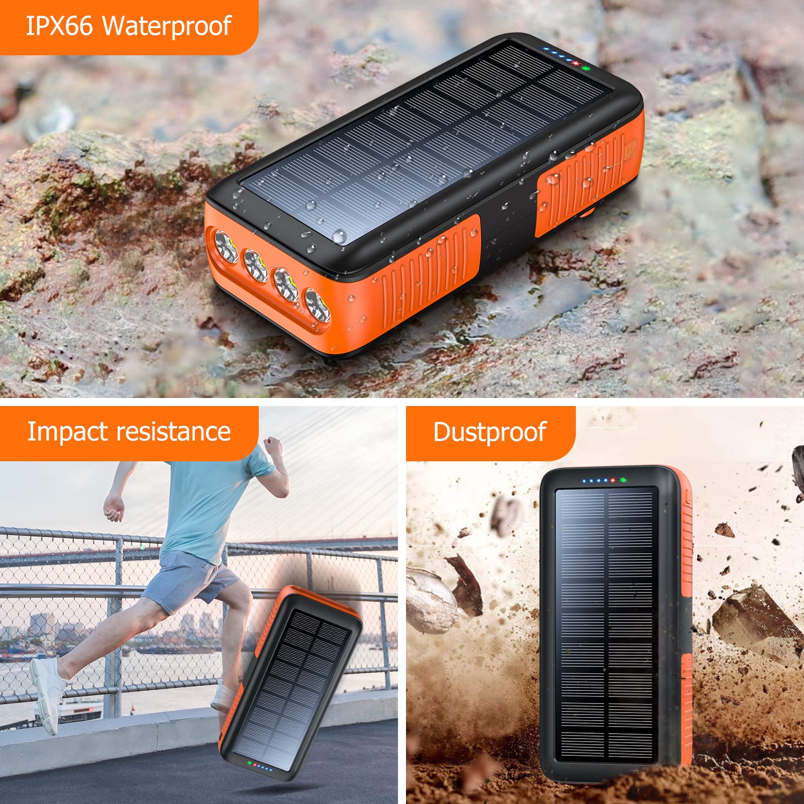 High Capacity 63200mAh Solar Power Bank with Dual USB Outputs & Inputs | Portable Solar Charger with 4 LED Flashlight & Hand Crank | Fast Charging Battery Pack for Outdoor Camping, Hiking, Emergency Survival Gear & Travel Accessories