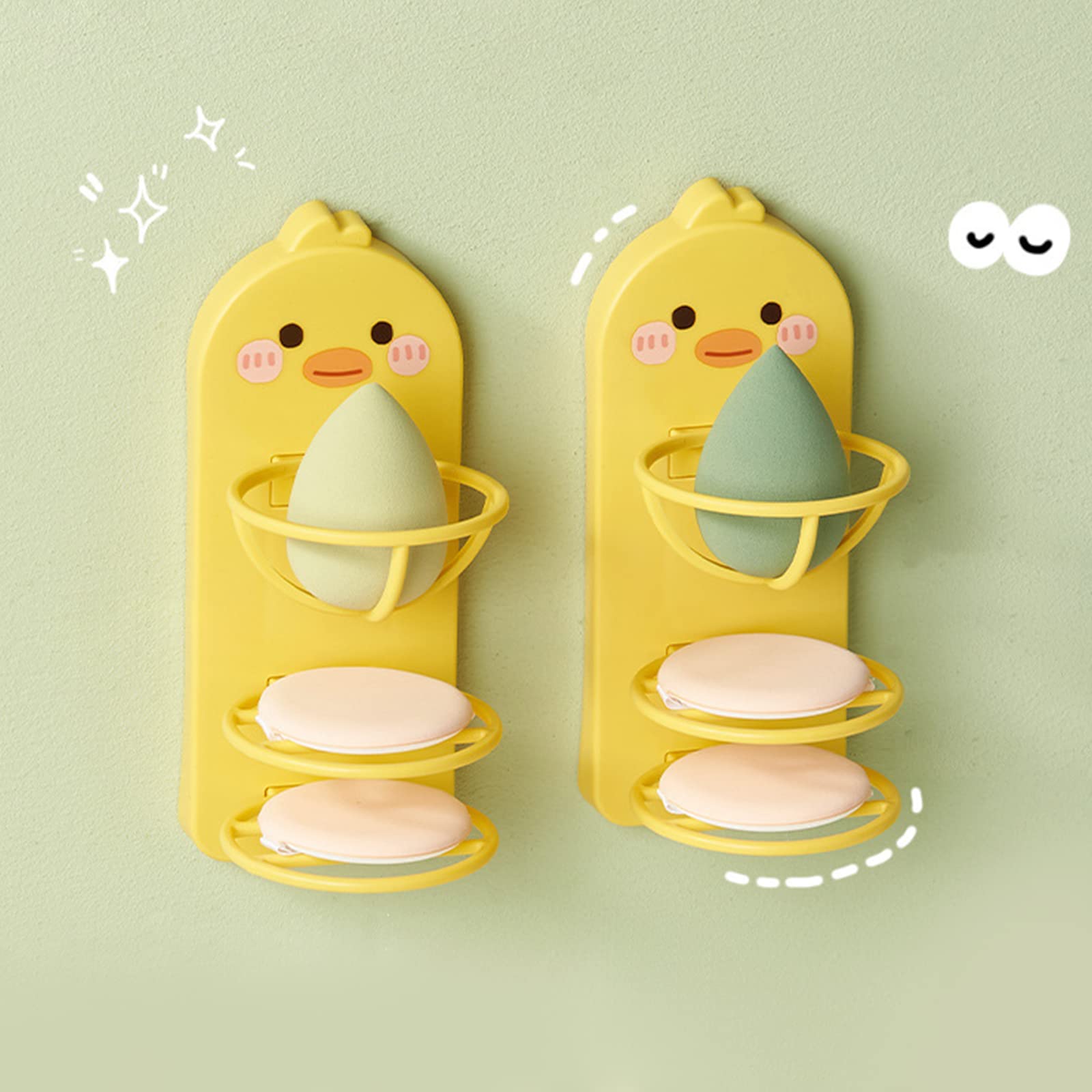 2PCS Cute Duck Makeup Sponge Holder - Cartoon Animal Adhesive Bathroom Organizer, No Drilling Traceless Vanity Shelf for Beauty Blender, Egg Powder Puff Drying Stand & Storage | Perfect for Makeup Vanity, Bathroom Counter & Travel Cosmetic Organization
