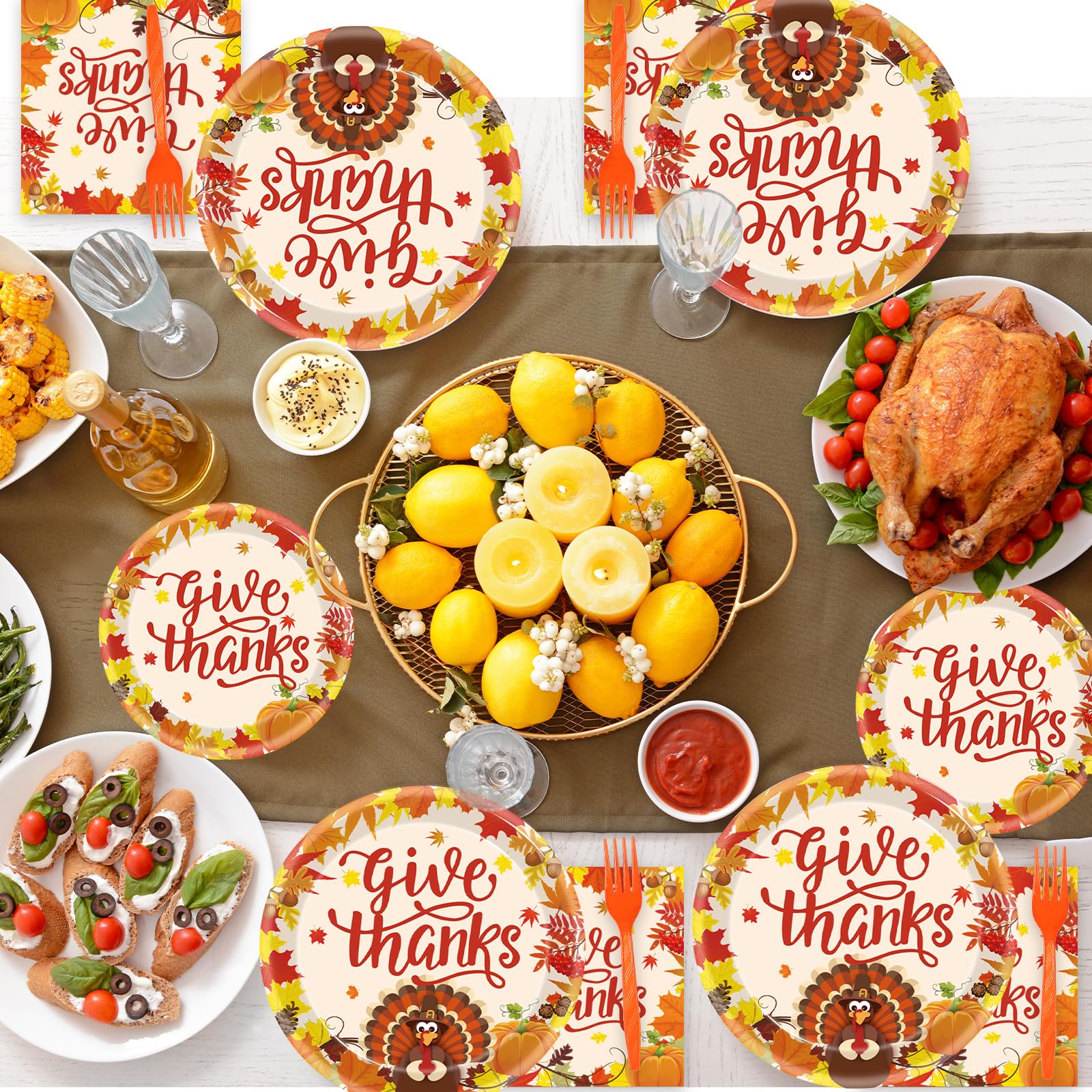 96 Pcs Fall Thanksgiving Party Supplies Set - Disposable Dinner Plates, Napkins with Pumpkin & Turkey Design - Perfect for Autumn Harvest, Thanksgiving Dinner, and Holiday Gatherings - Serves 24 Guests