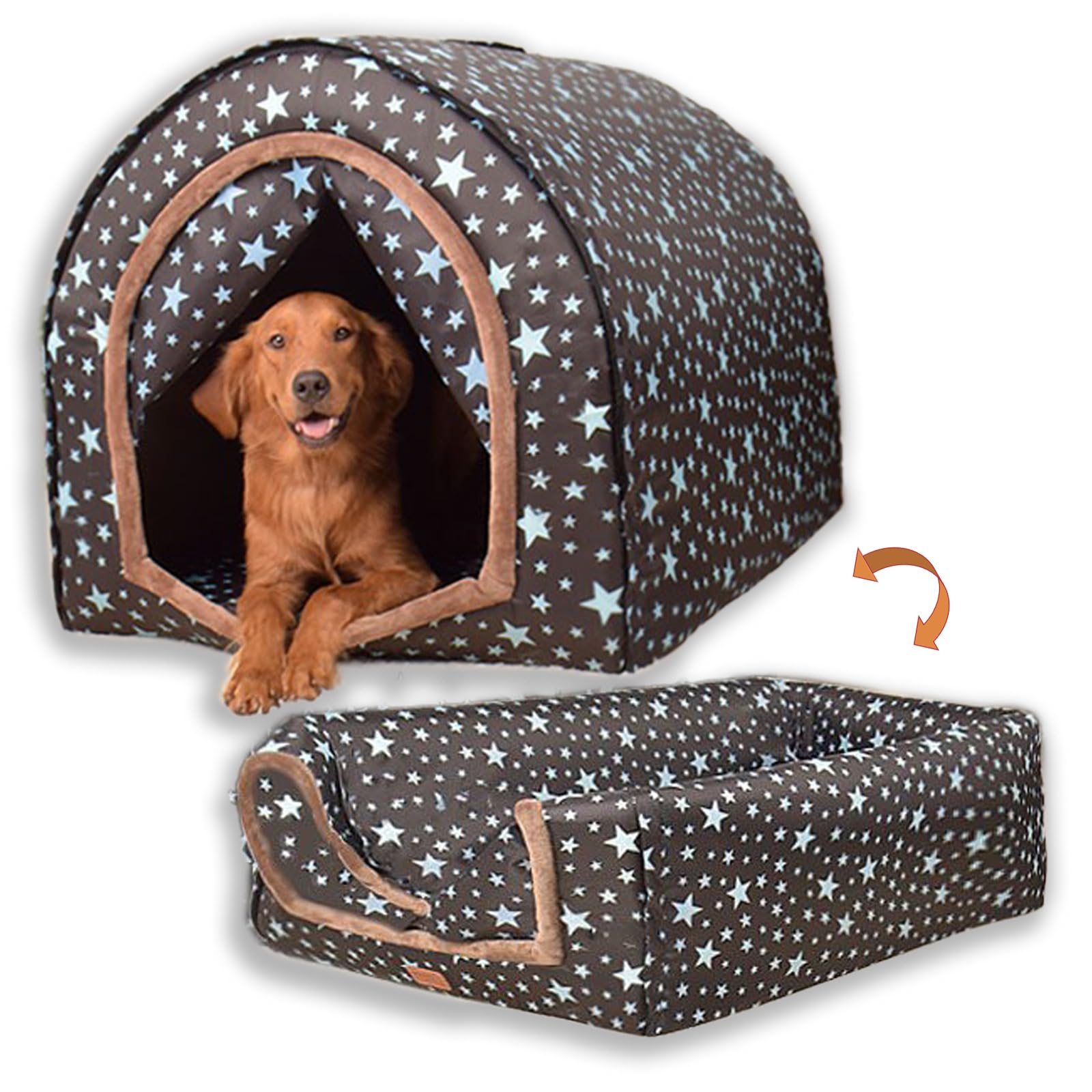 2 in 1 Extra Large Convertible Pet Winter House & Dog Bed with Warm Cushion Mat - Indoor/Outdoor Portable Dog Kennel with Removable Washable Cover (3XL Starry Sky) - Perfect for Cold Weather & Cozy Home Pet Shelter