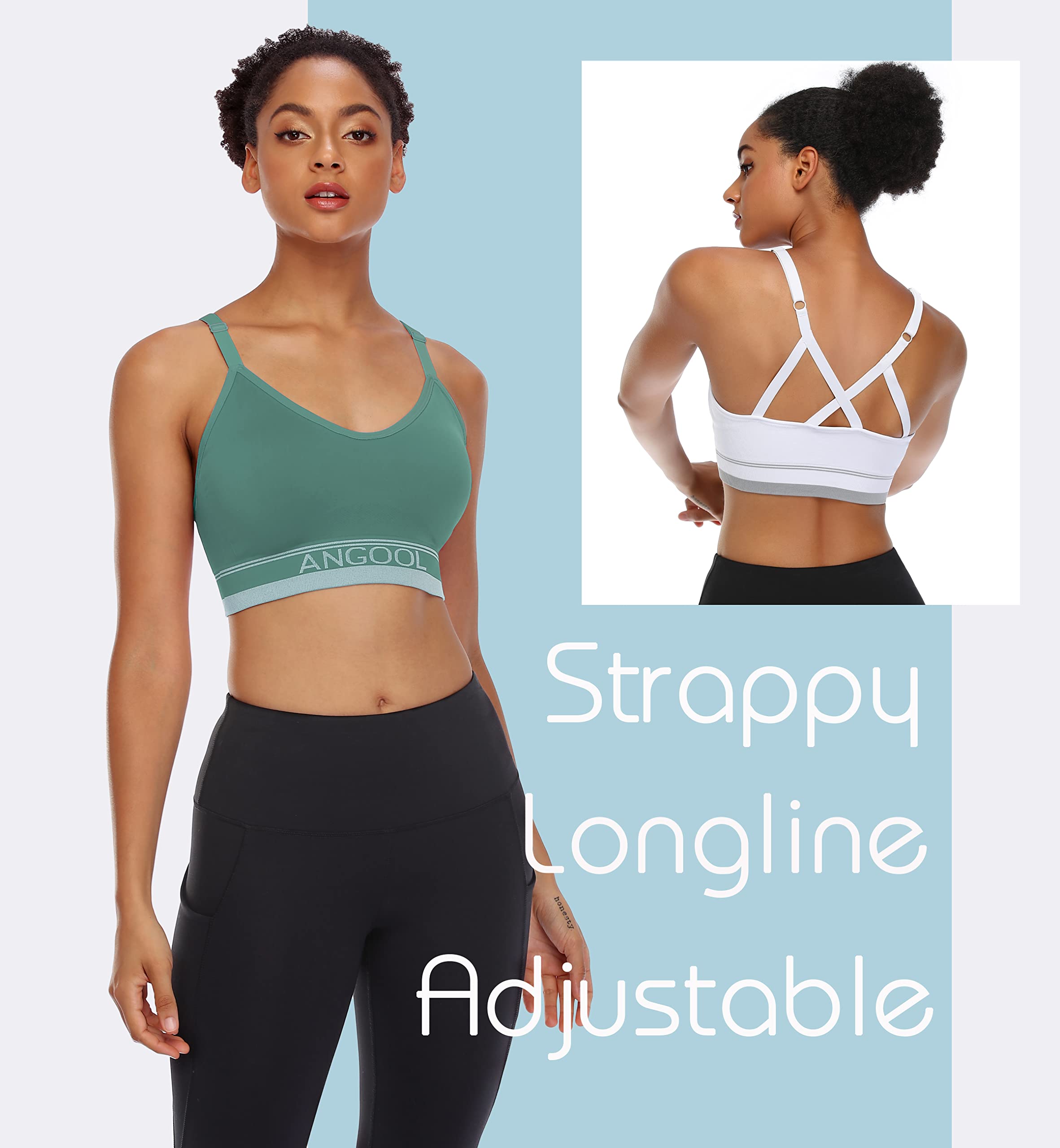 ANGOOL Women's Longline Sports Bra - Medium Support Wirefree Yoga Bra with Adjustable Straps & Padding | Perfect for Gym, Running, Pilates & Everyday Wear
