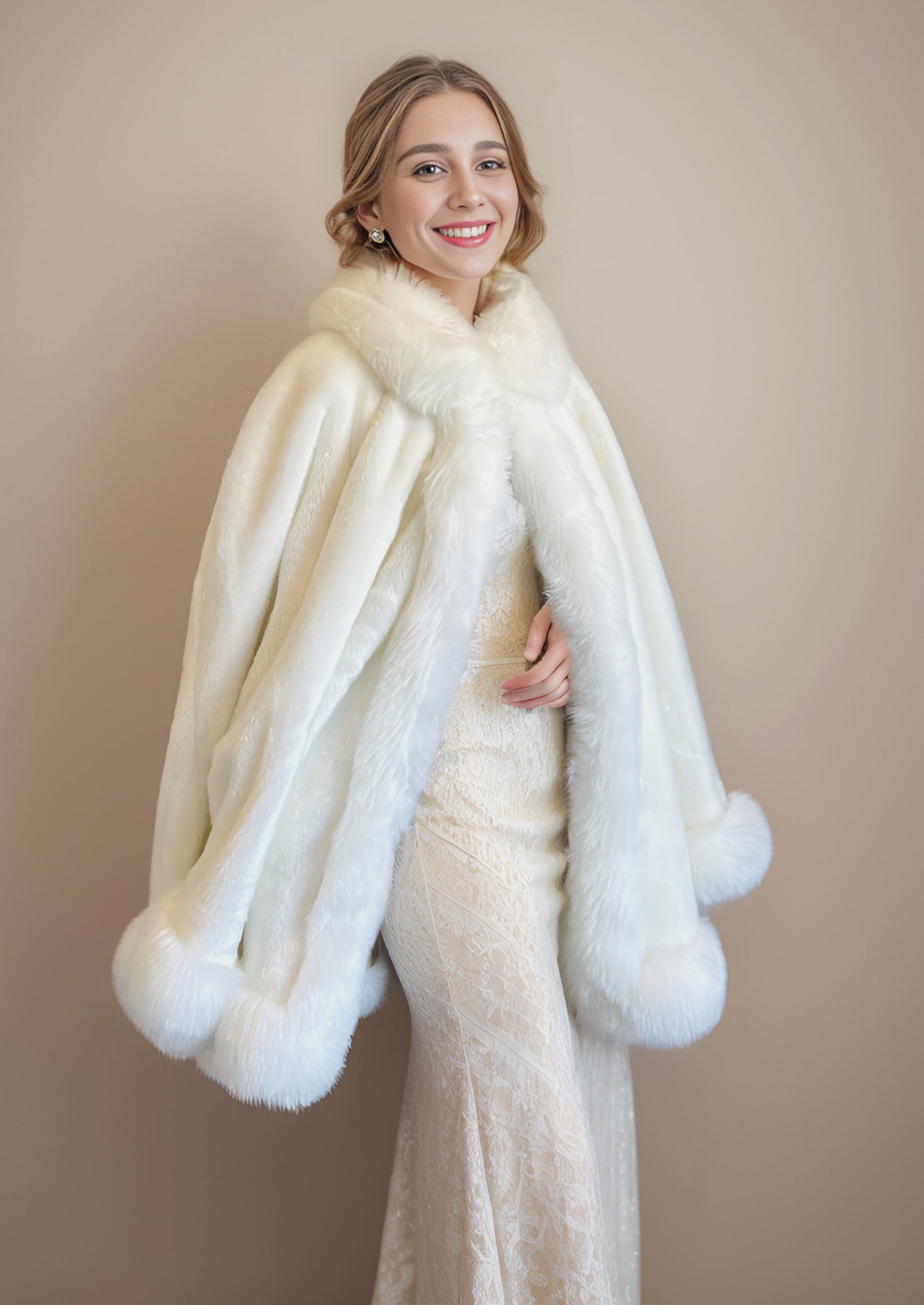 Super Warm Ivory White Faux Fur Cape Shawl Wrap - Cozy Winter Fashion Accessory for Women (SJuliet Wht01) | Perfect for Parties, Weddings & Cold Weather Outfits