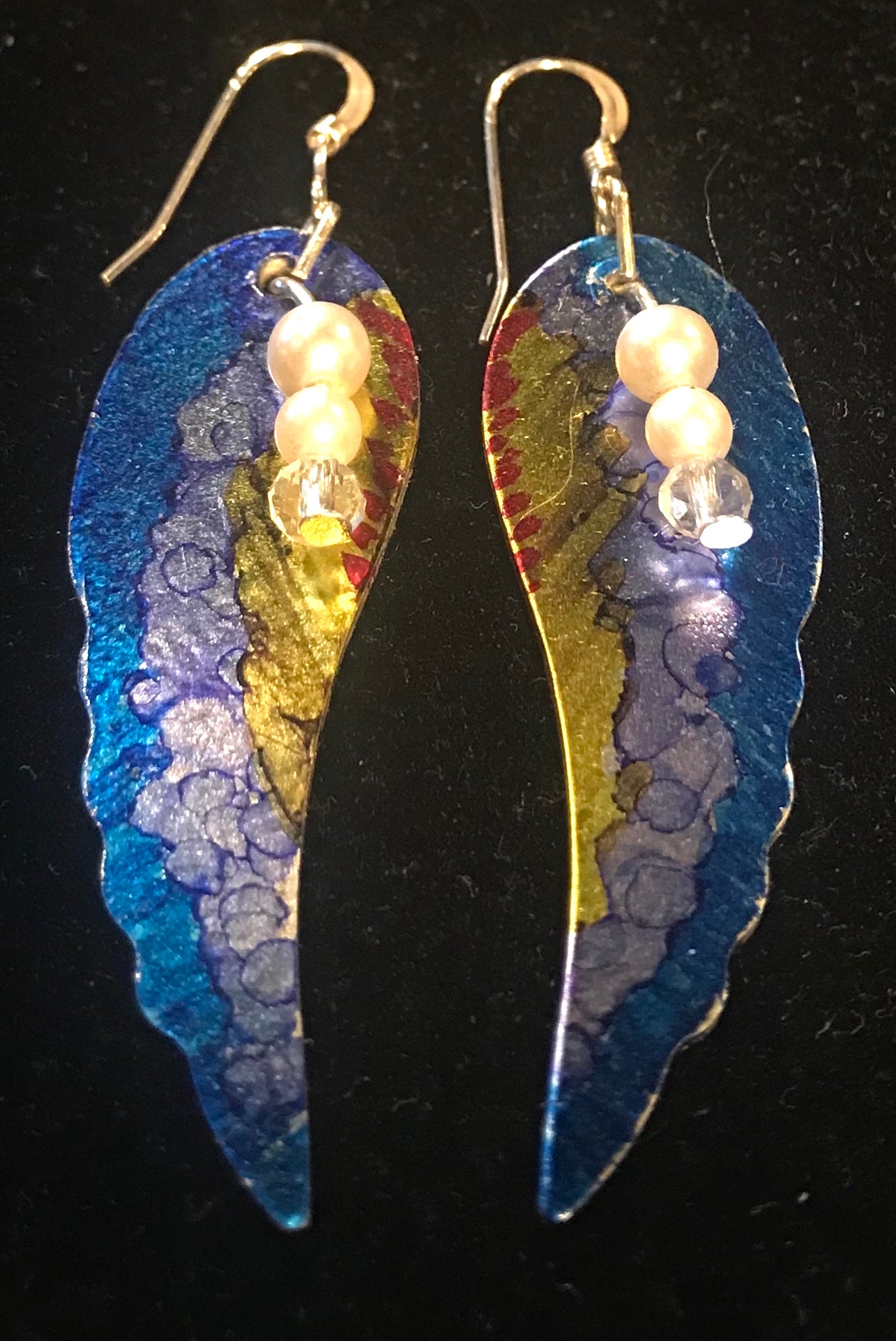 Hand Painted Blue, Yellow, and Red Angel Wing Earrings - Boho Chic Dangle Earrings for Women - Perfect for Parties, Weddings & Everyday Wear