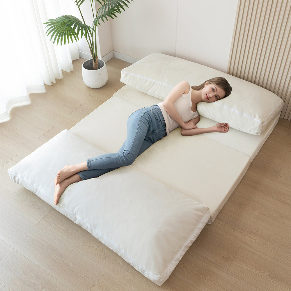MAXYOYO Velvet Bean Bag Folding Sofa Bed - Washable Cover for Adults, Cream White - Perfect for Living Room, Bedroom, Dorm & Lounge Relaxation