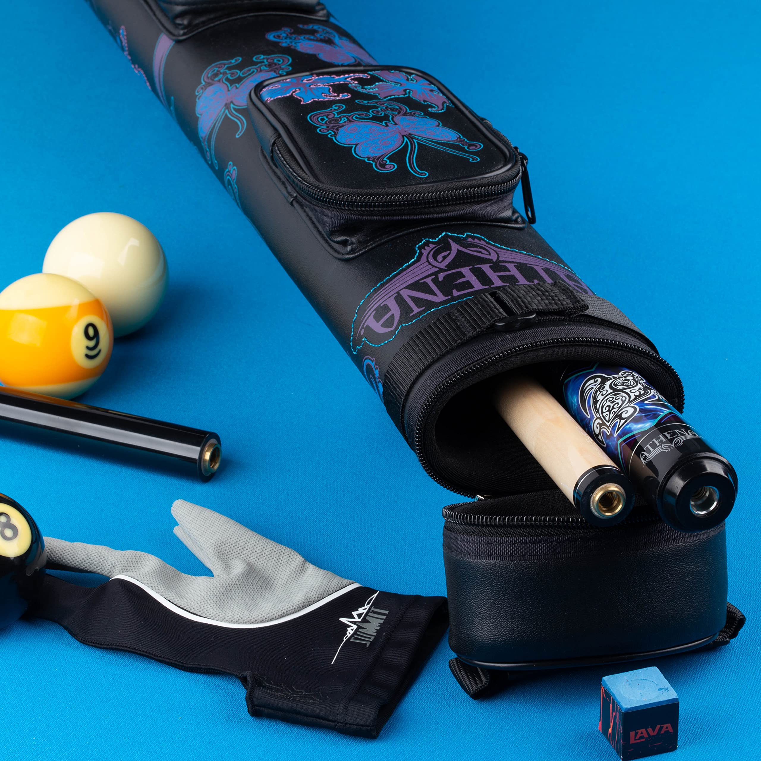Athena Butterfly Print Pool Cue Case - 2 Butt & 2 Shaft Capacity with Blue Purple Butterfly Design - Includes 2 Storage Pockets for Jump Butt - Perfect for Billiards, Pool Sticks & Cue Storage - Great for Home Game Rooms, Bars & Professional Tournaments
