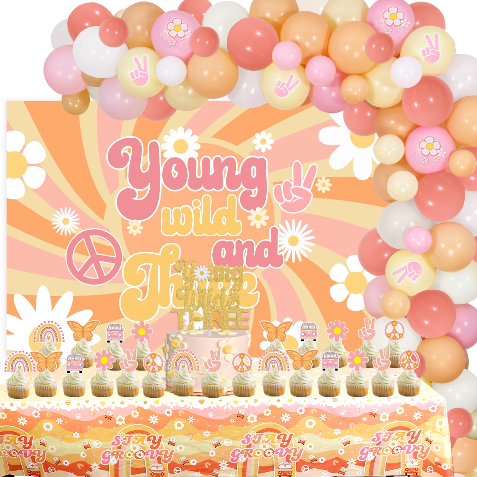 Cheereveal Young Wild and Three Birthday Decorations - Groovy 3rd Birthday Party Supplies Kit with Balloon Garland, Backdrop & Tablecloth | Perfect for Hippie Themed Birthday Celebrations, Baby Showers & Boho Decor