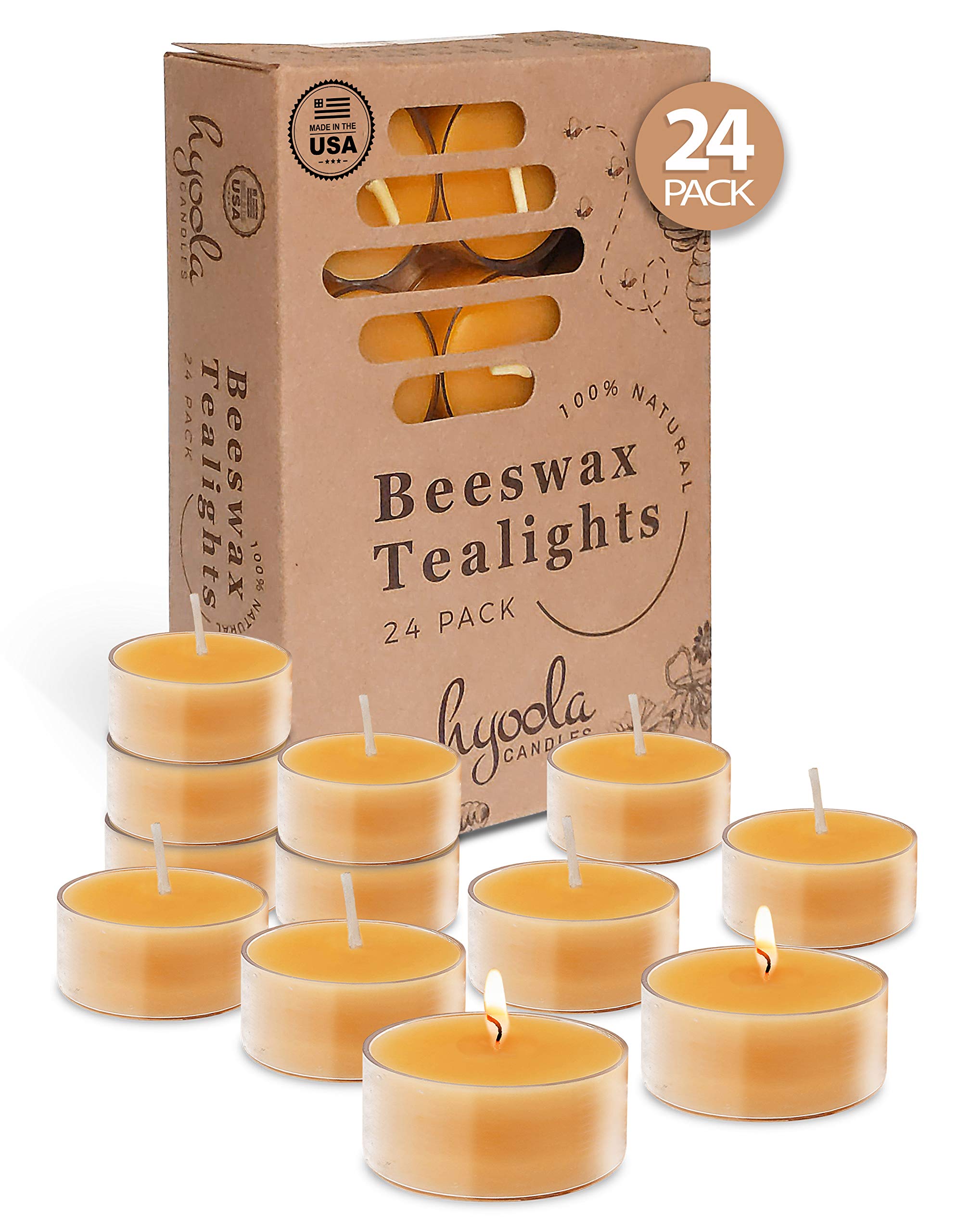 Hyoola Pure Beeswax Tea Lights - Handmade Unscented Decorative Candles with 4-Hour Burn Time in Clear Cups (24-Pack) | Perfect for Weddings, Spa Relaxation & Home Decor
