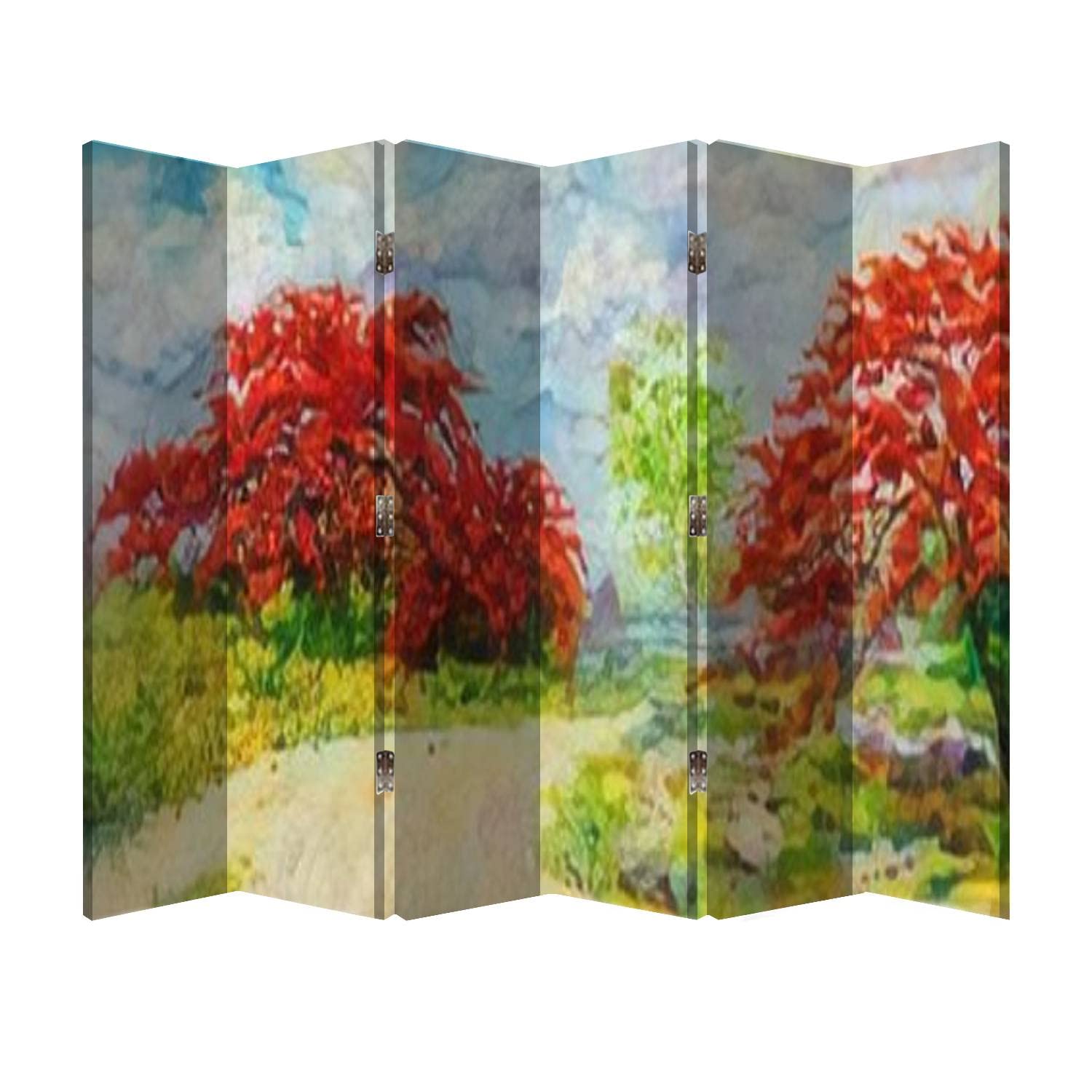 6 Panel Wooden Folding Room Divider - Hand Painted Abstract Oil Painting with Red & Orange Floral Landscape - Office Privacy Screen, Canvas Partition Wall Decor for Living Room, Bedroom & Studio