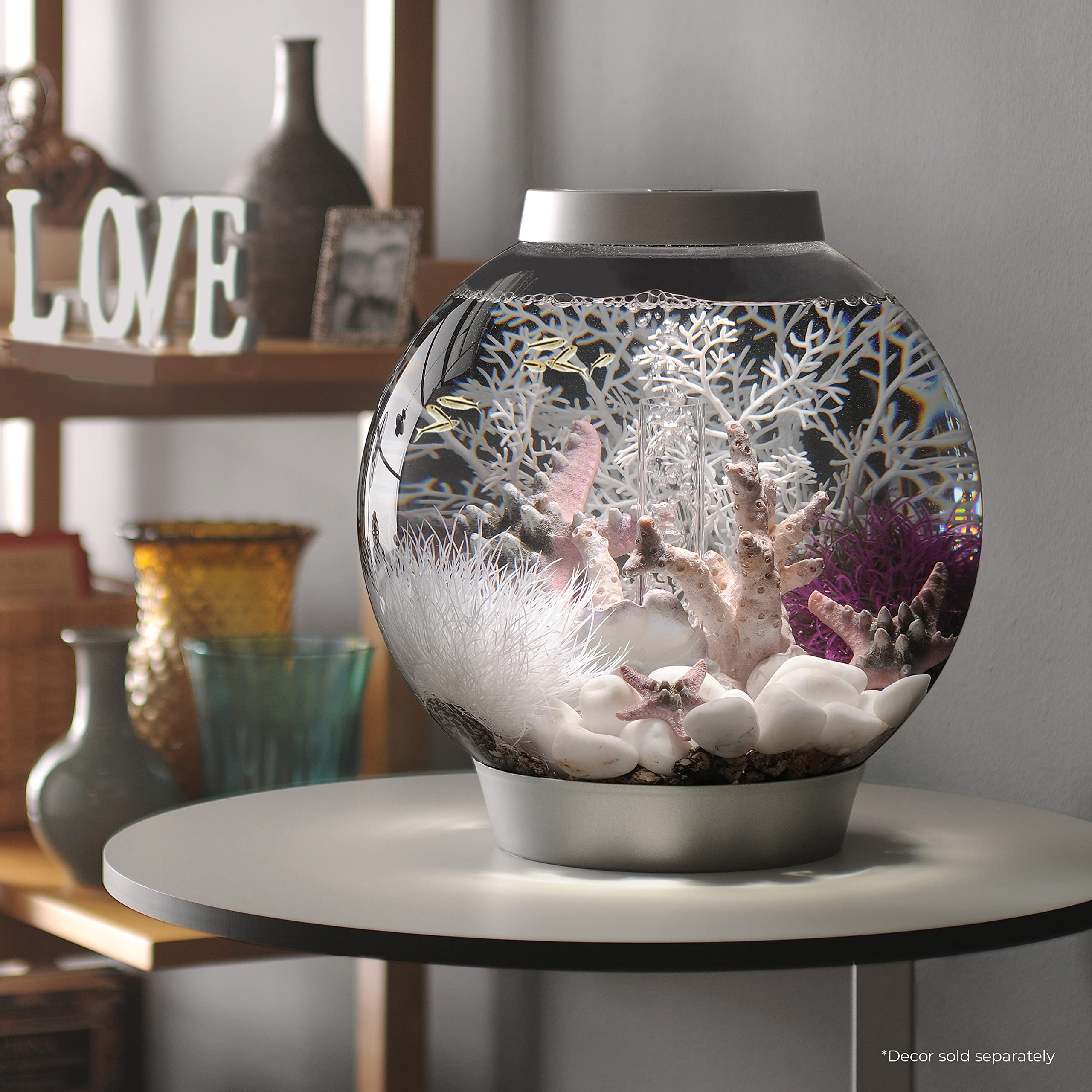 biOrb Classic 15 Acrylic 4-Gallon Aquarium with White LED Lights - Modern Compact Fish Tank for Tabletop or Desktop Display, Silver-Trimmed - Perfect for Home, Office Decor & Small Space Living